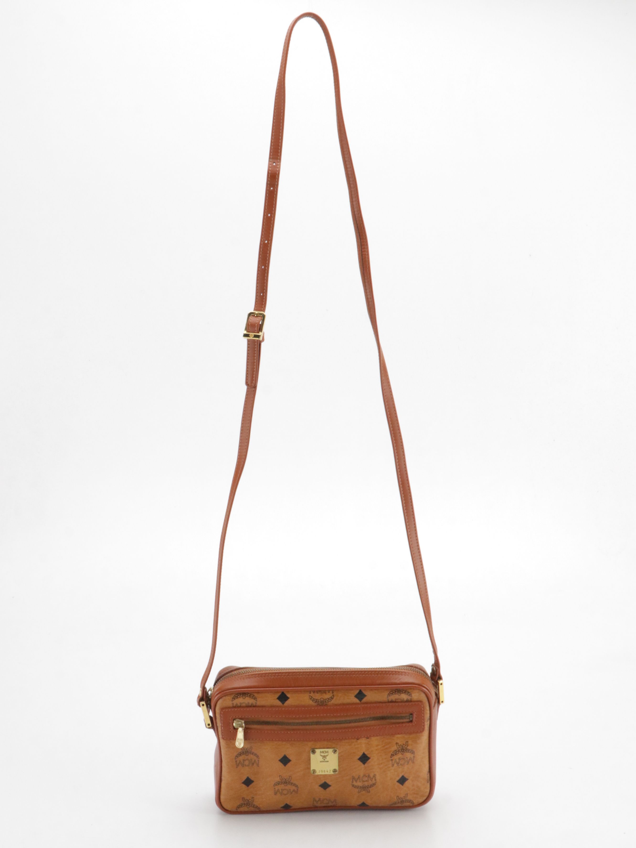 MCM Crossbody Camera Bag in Cognac Visetos Canvas and Brown Leather