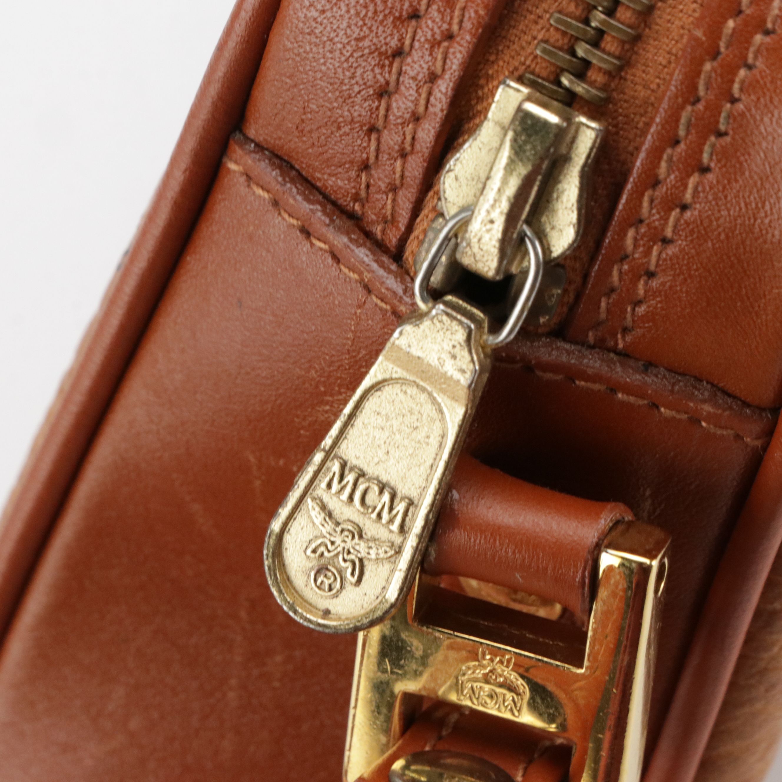 MCM Crossbody Camera Bag in Cognac Visetos Canvas and Brown Leather