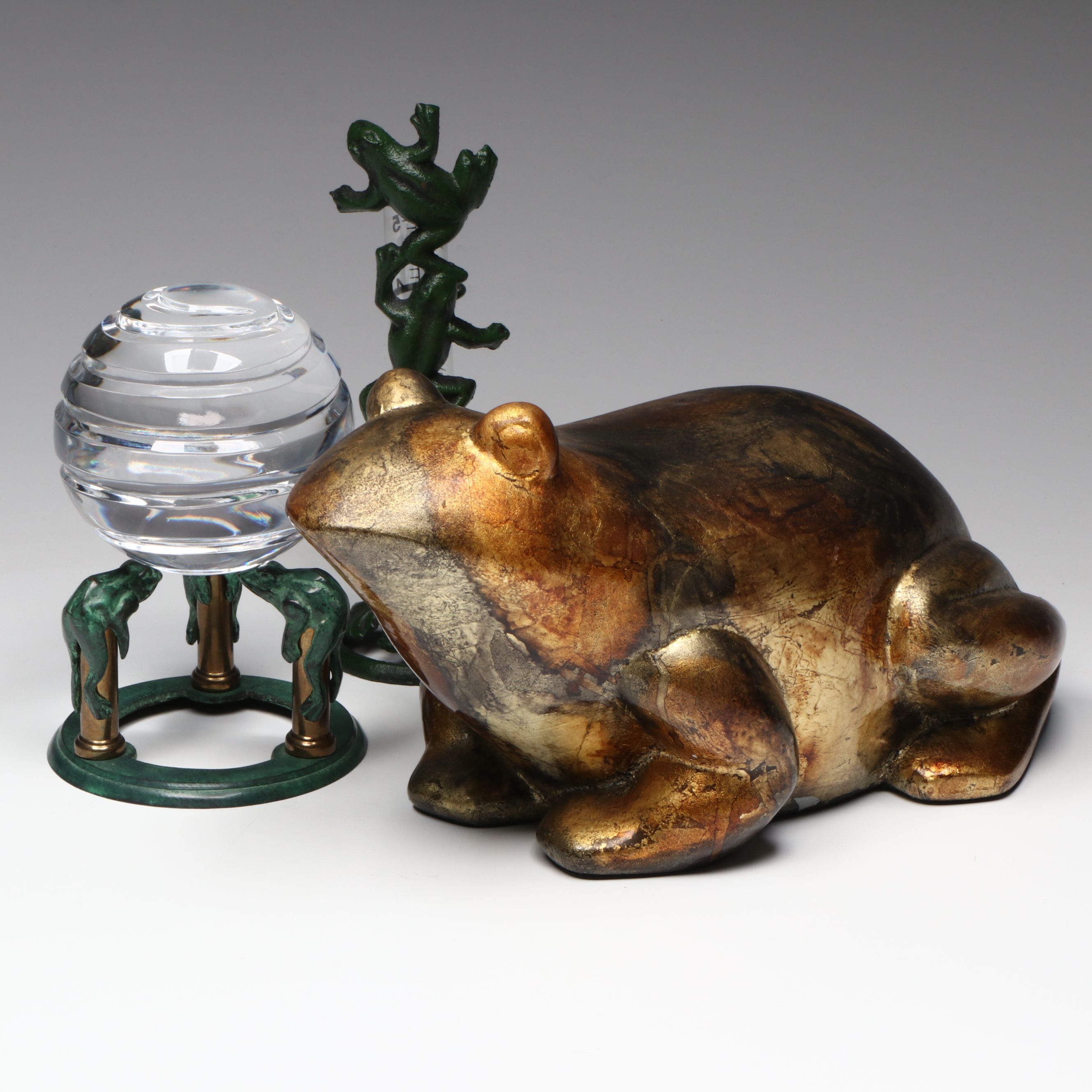 Green and Yellow Ceramic Frog with Metal Frog Rain Gauge and Other Décor