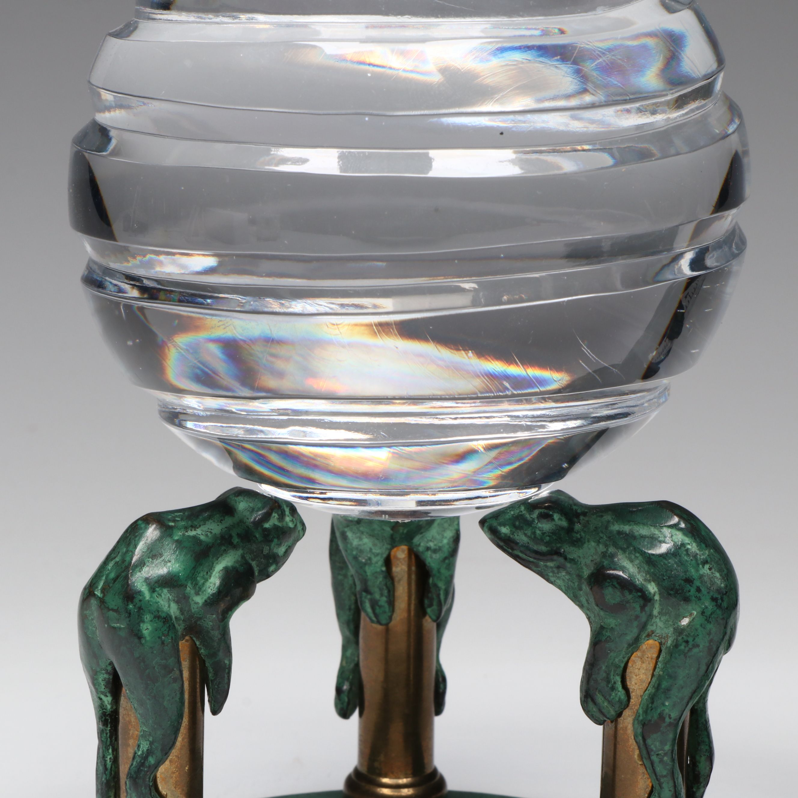 Green and Yellow Ceramic Frog with Metal Frog Rain Gauge and Other Décor