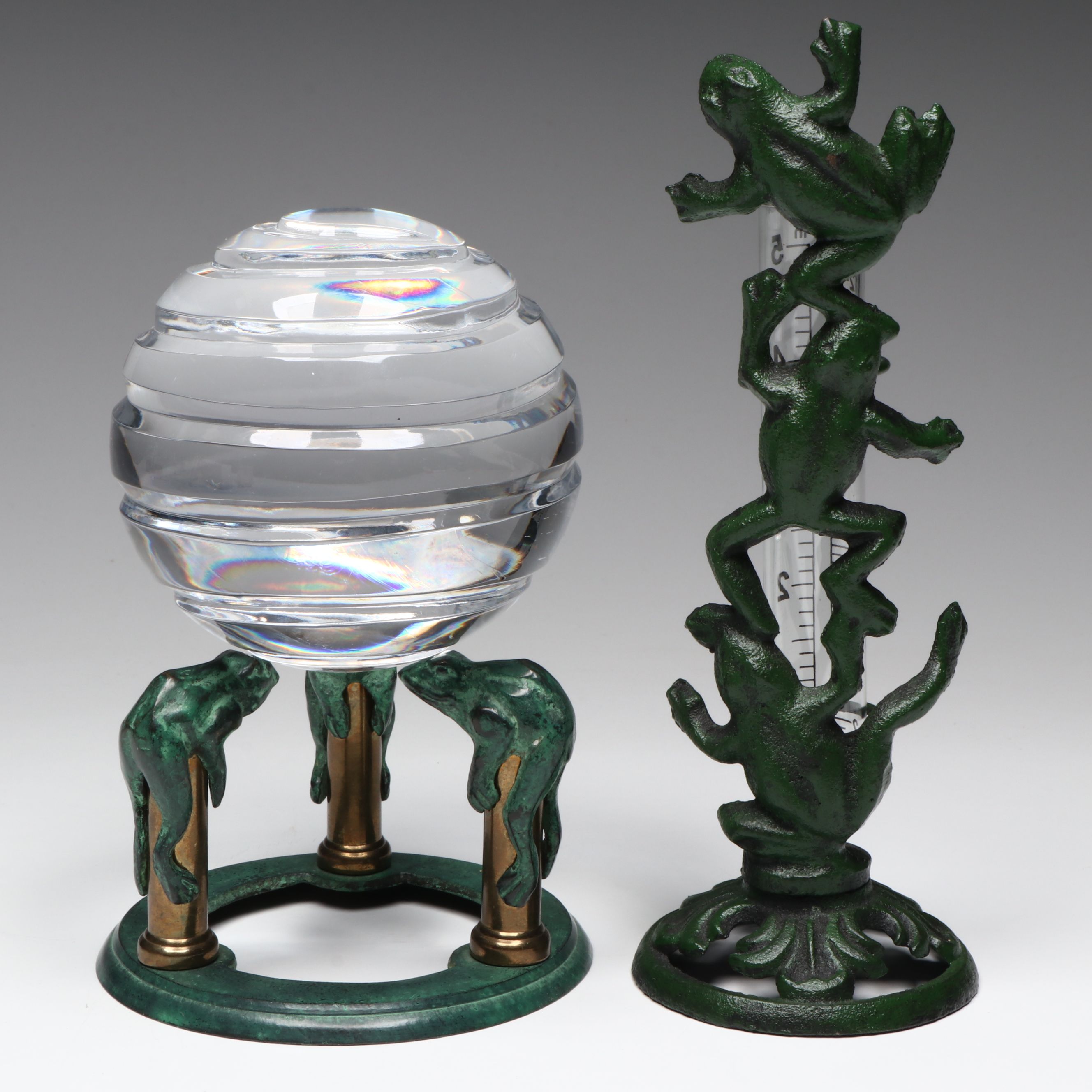 Green and Yellow Ceramic Frog with Metal Frog Rain Gauge and Other Décor