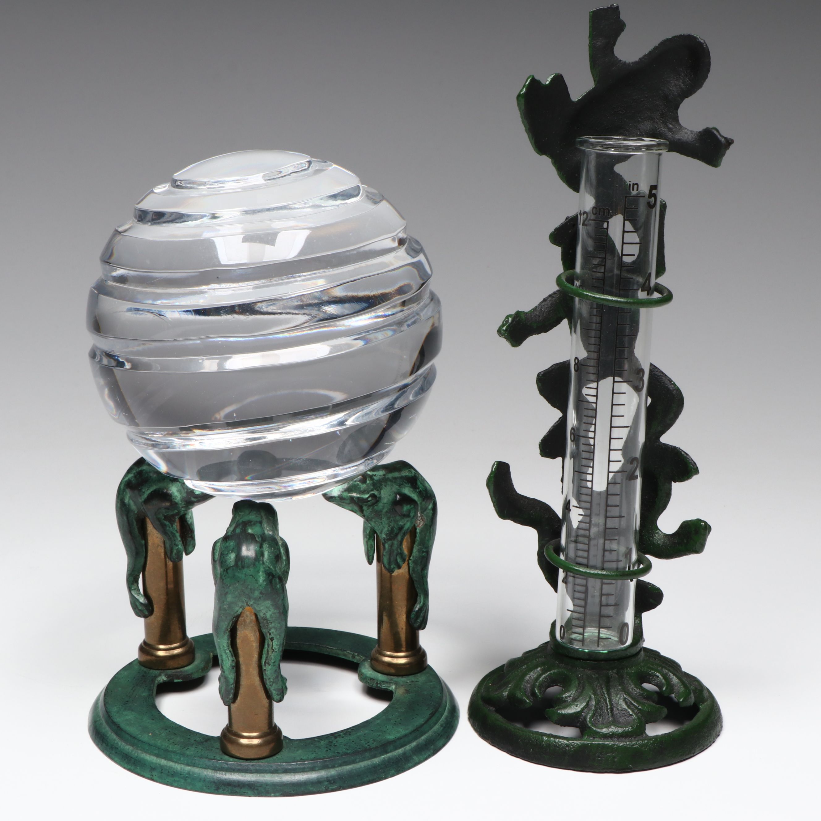 Green and Yellow Ceramic Frog with Metal Frog Rain Gauge and Other Décor