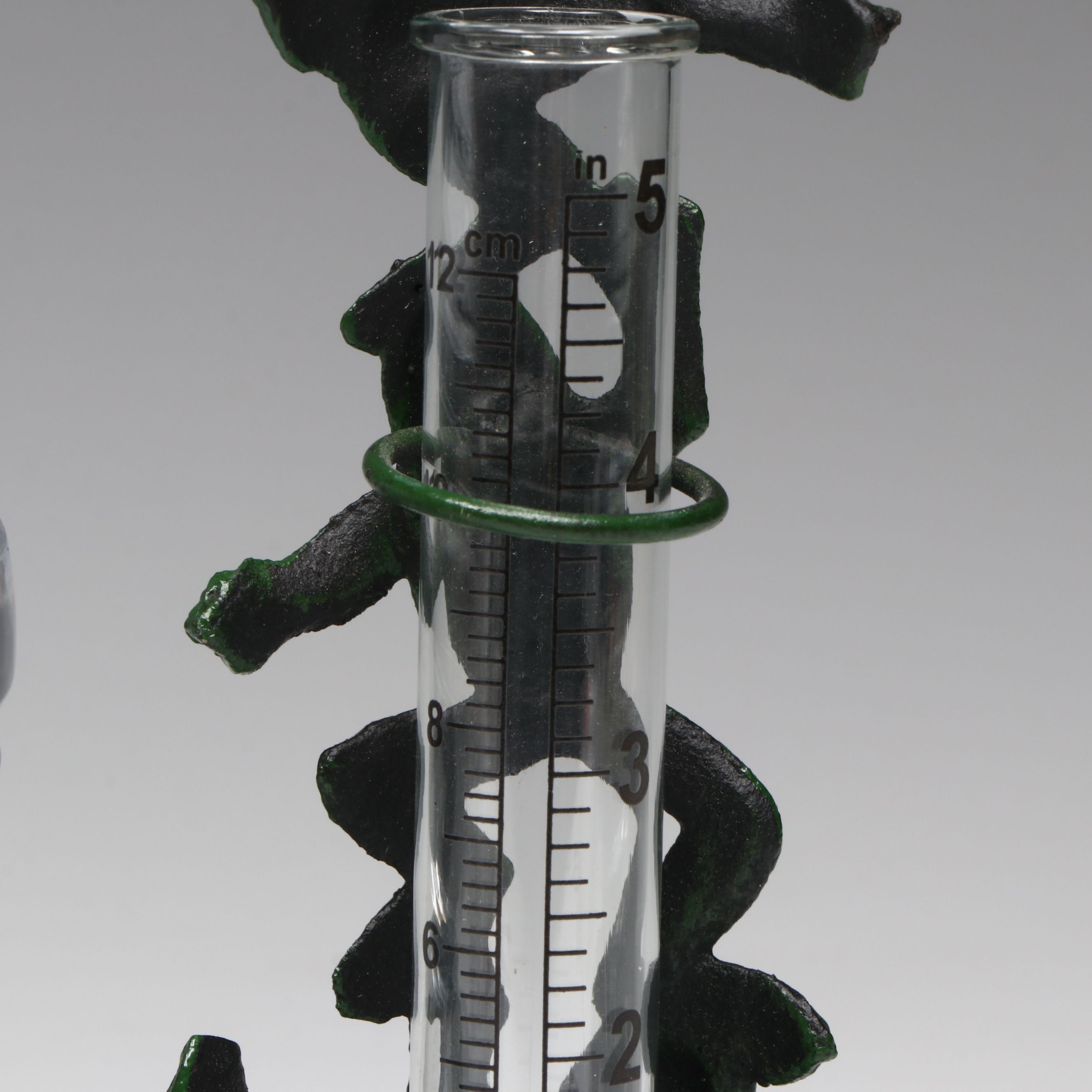 Green and Yellow Ceramic Frog with Metal Frog Rain Gauge and Other Décor