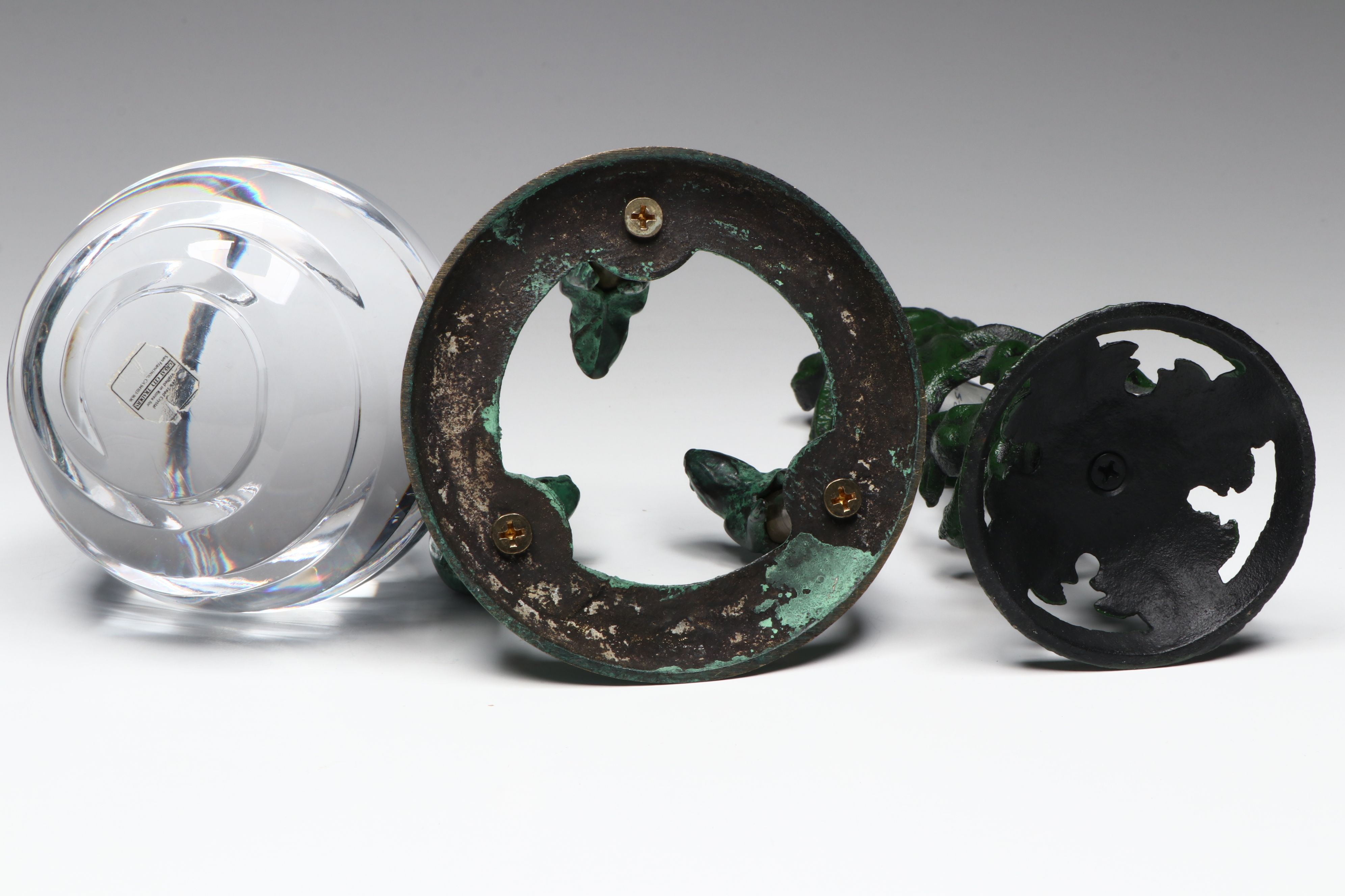 Green and Yellow Ceramic Frog with Metal Frog Rain Gauge and Other Décor