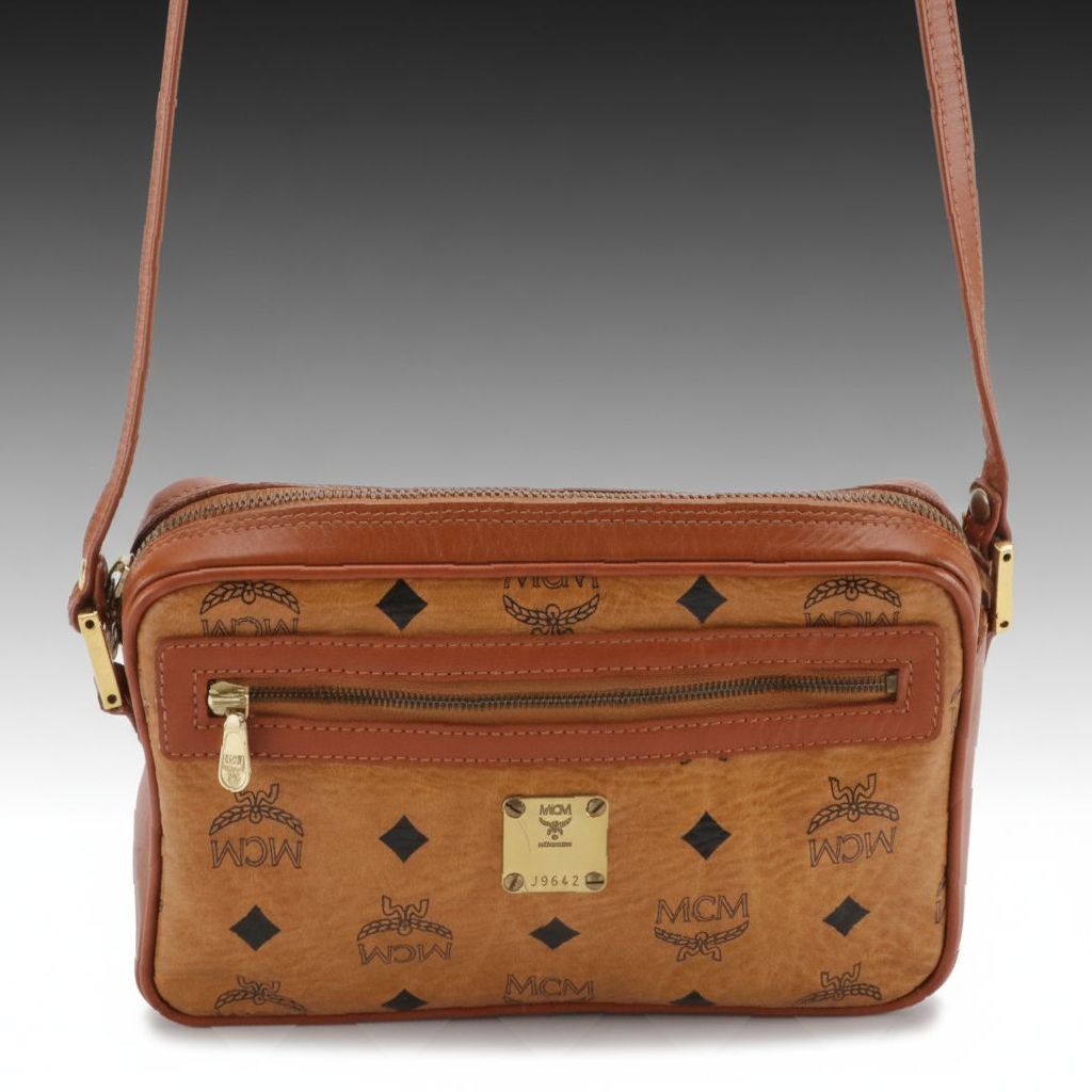 MCM Crossbody Camera Bag in Cognac Visetos Canvas and Brown Leather