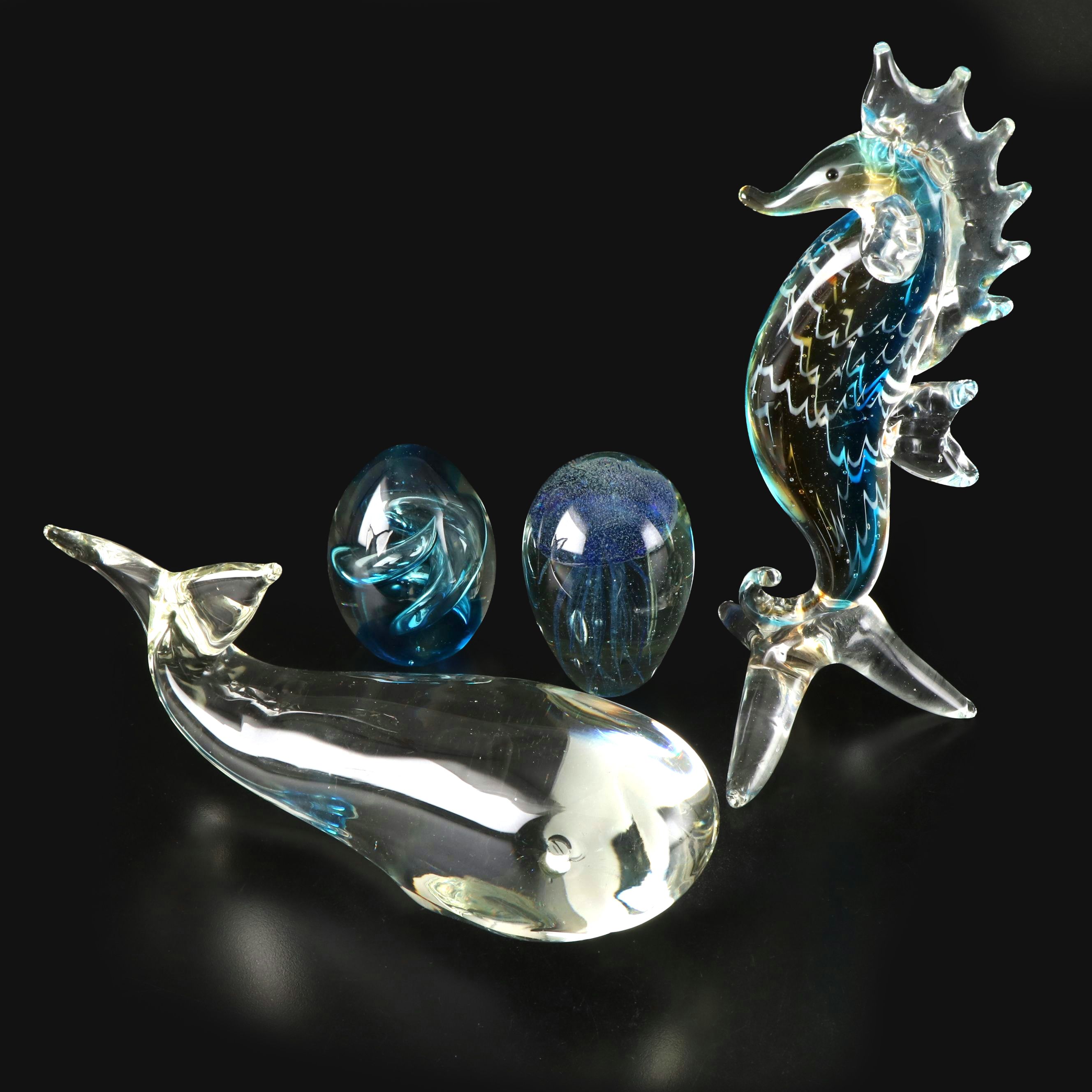 Murano Handblown Glass Seahorse Figure and Jellyfish Paperweight and Other Décor