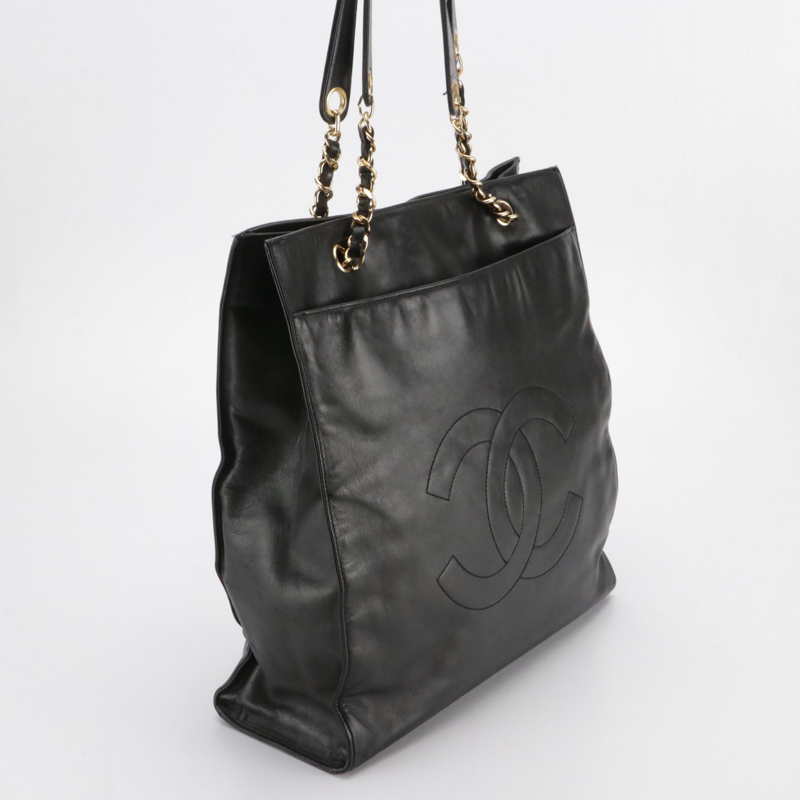 Chanel CC Stitched Timeless Tote Bag in Black Lambskin Leather
