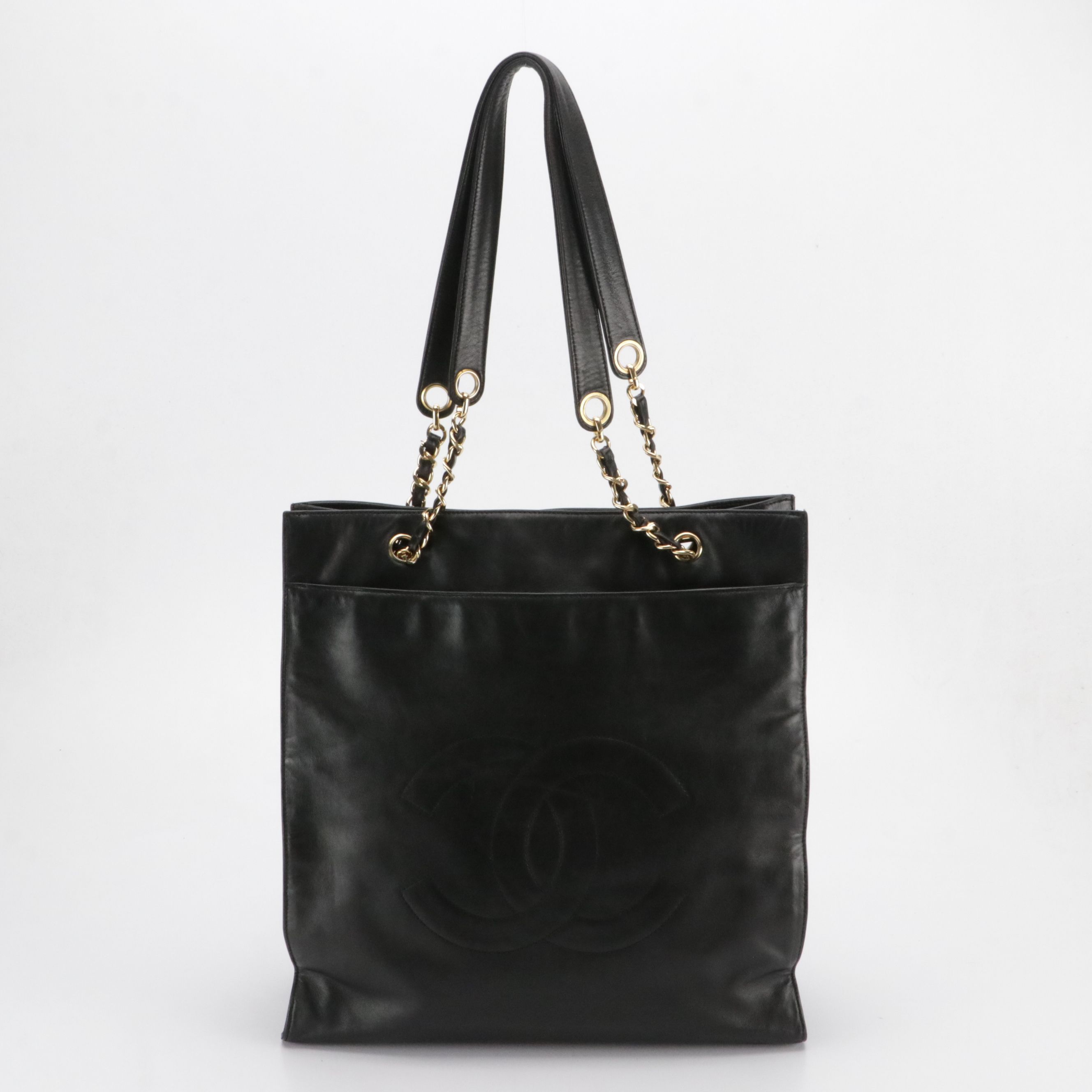 Chanel CC Stitched Timeless Tote Bag in Black Lambskin Leather