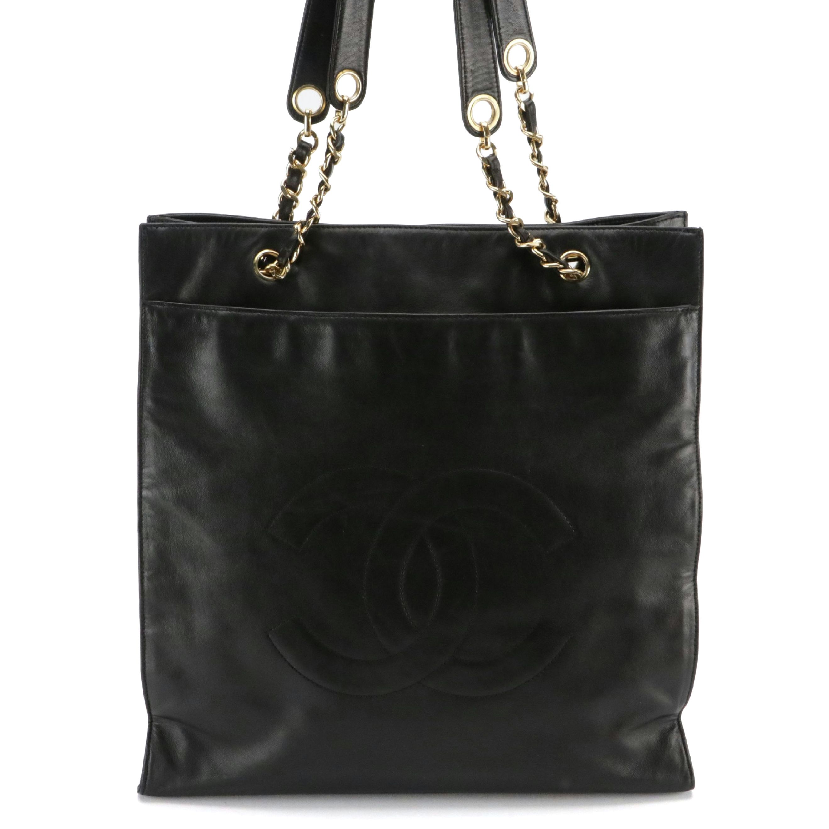 Chanel CC Stitched Timeless Tote Bag in Black Lambskin Leather