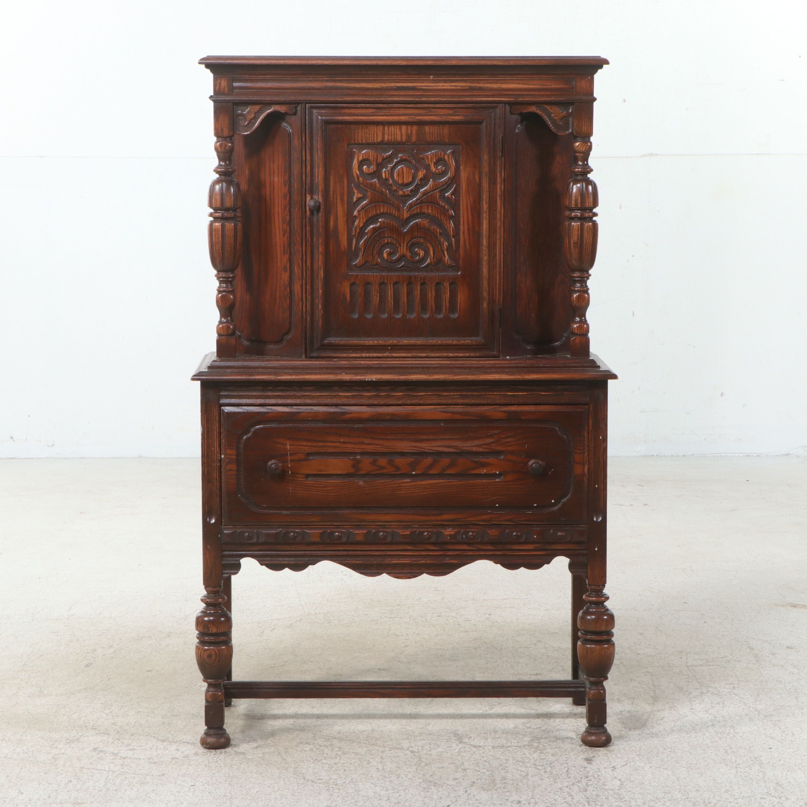 Jacobean Revival Carved Oak China Cabinet