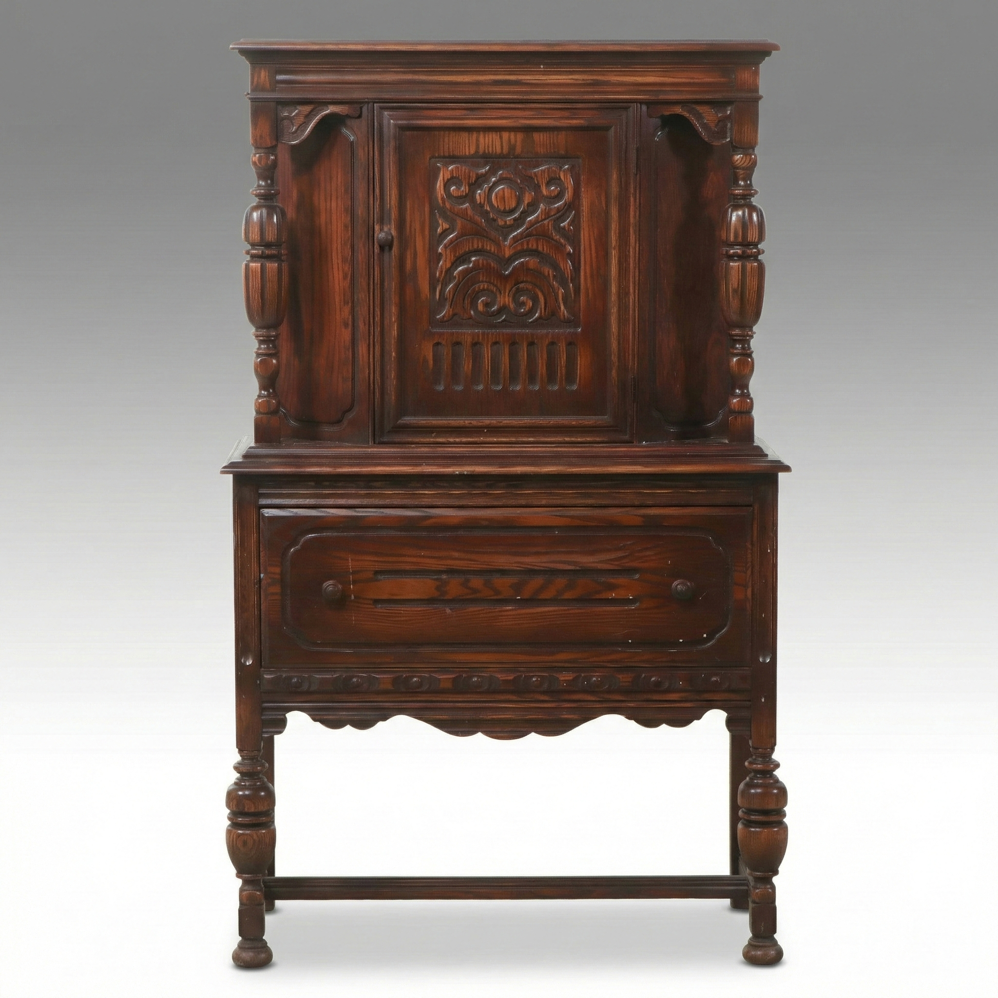 Jacobean Revival Carved Oak China Cabinet