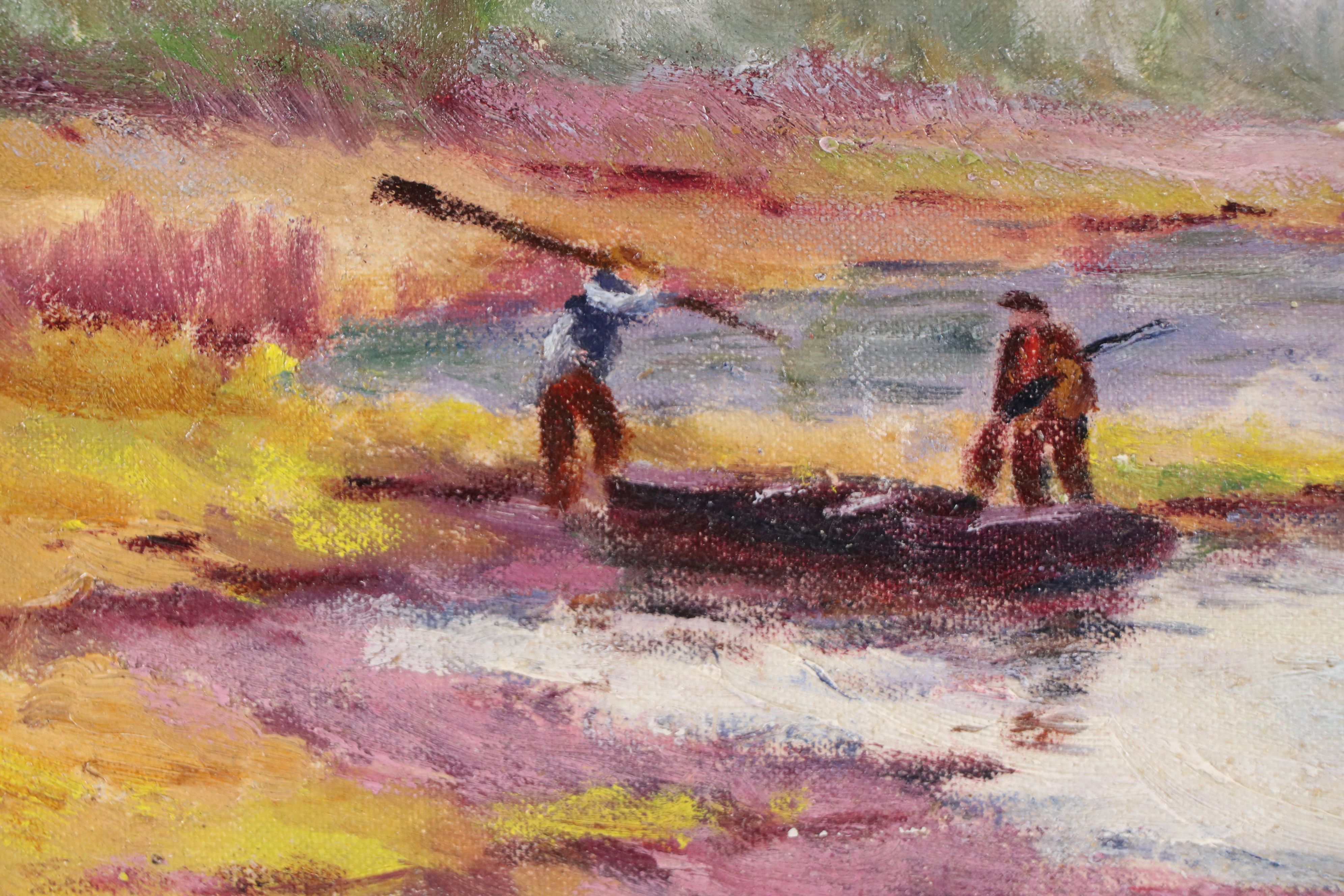 Oil Painting of Lake Landscape with Two Men and a Boat, Circa 1940