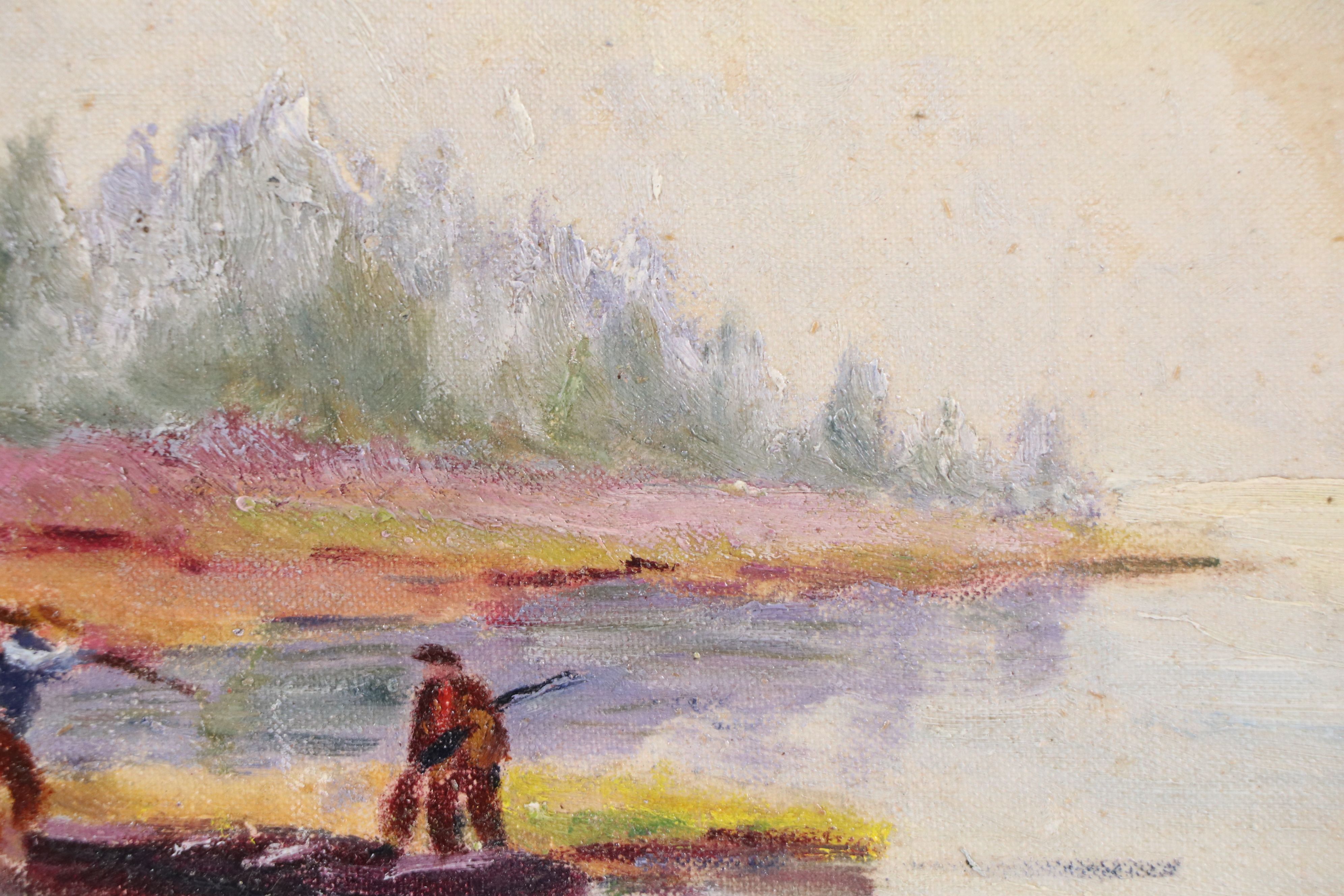 Oil Painting of Lake Landscape with Two Men and a Boat, Circa 1940