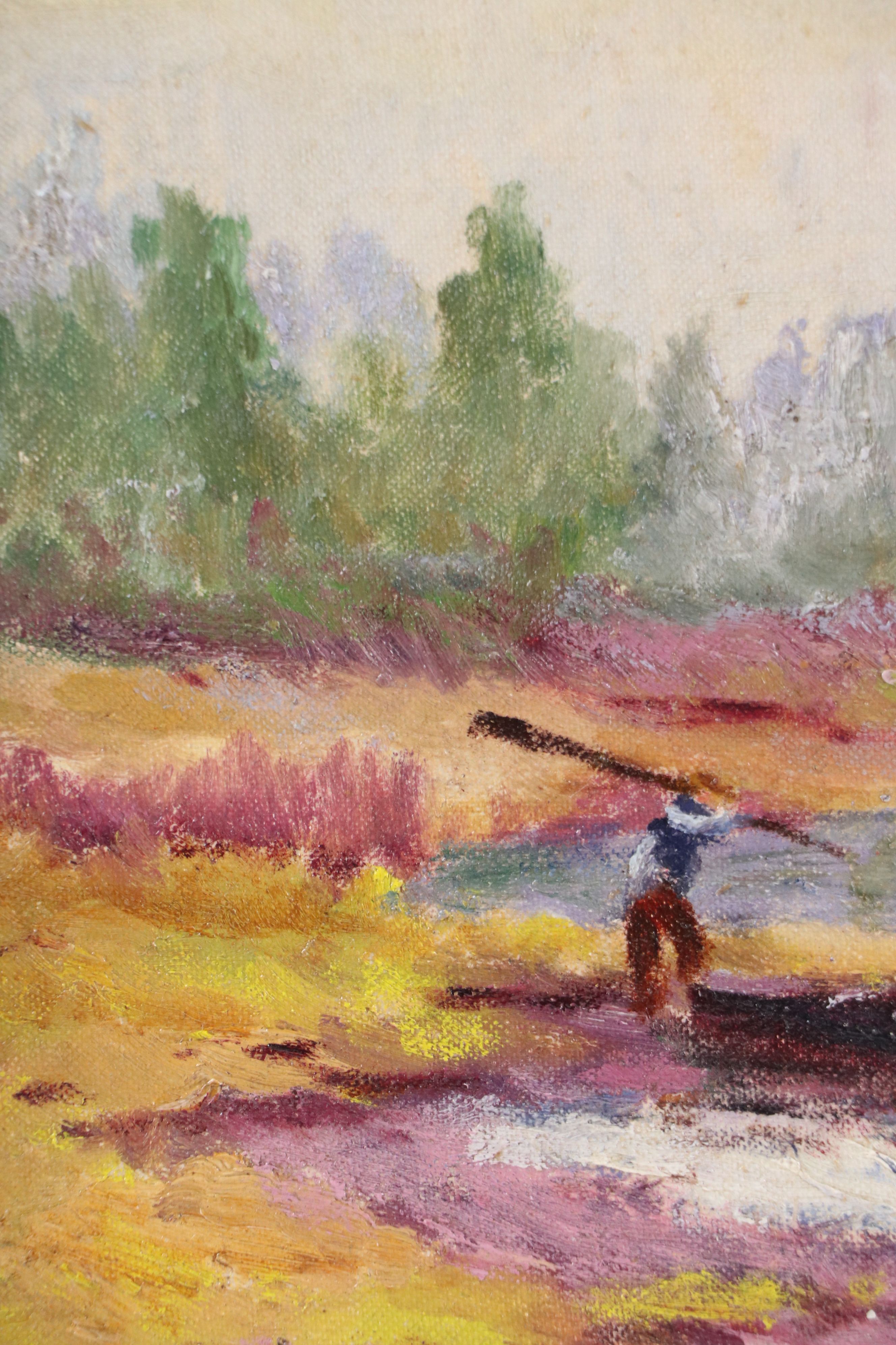 Oil Painting of Lake Landscape with Two Men and a Boat, Circa 1940