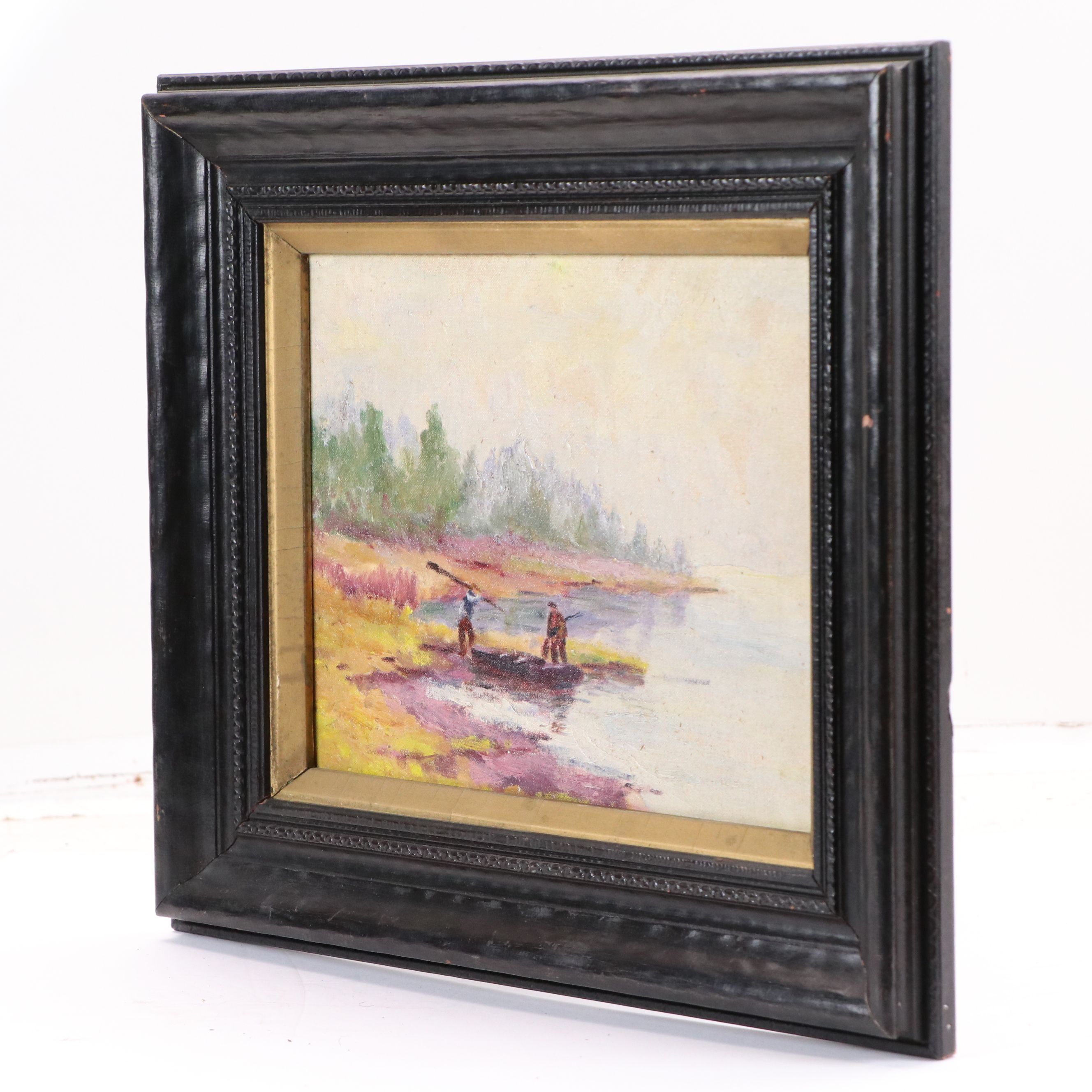 Oil Painting of Lake Landscape with Two Men and a Boat, Circa 1940