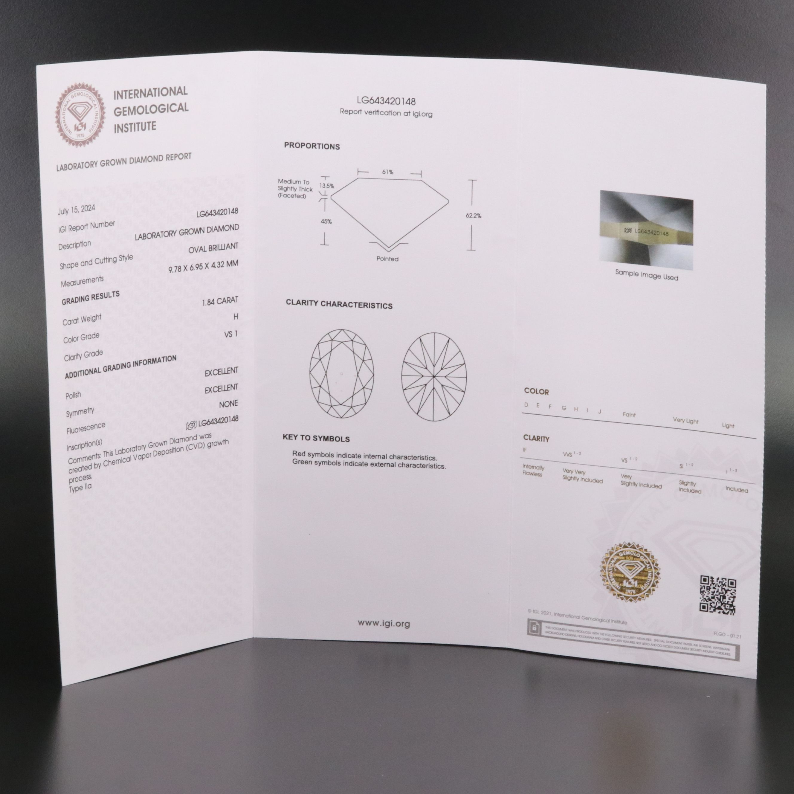 Loose 1.84 CT Lab Grown Diamond with IGI Report