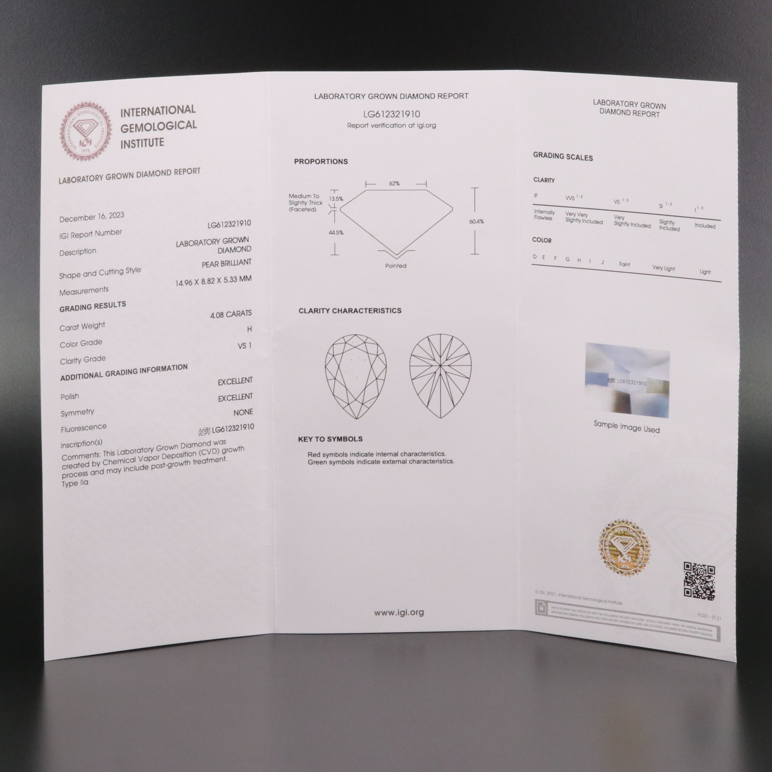 Loose 4.08 CT Lab Grown Diamond with IGI Report