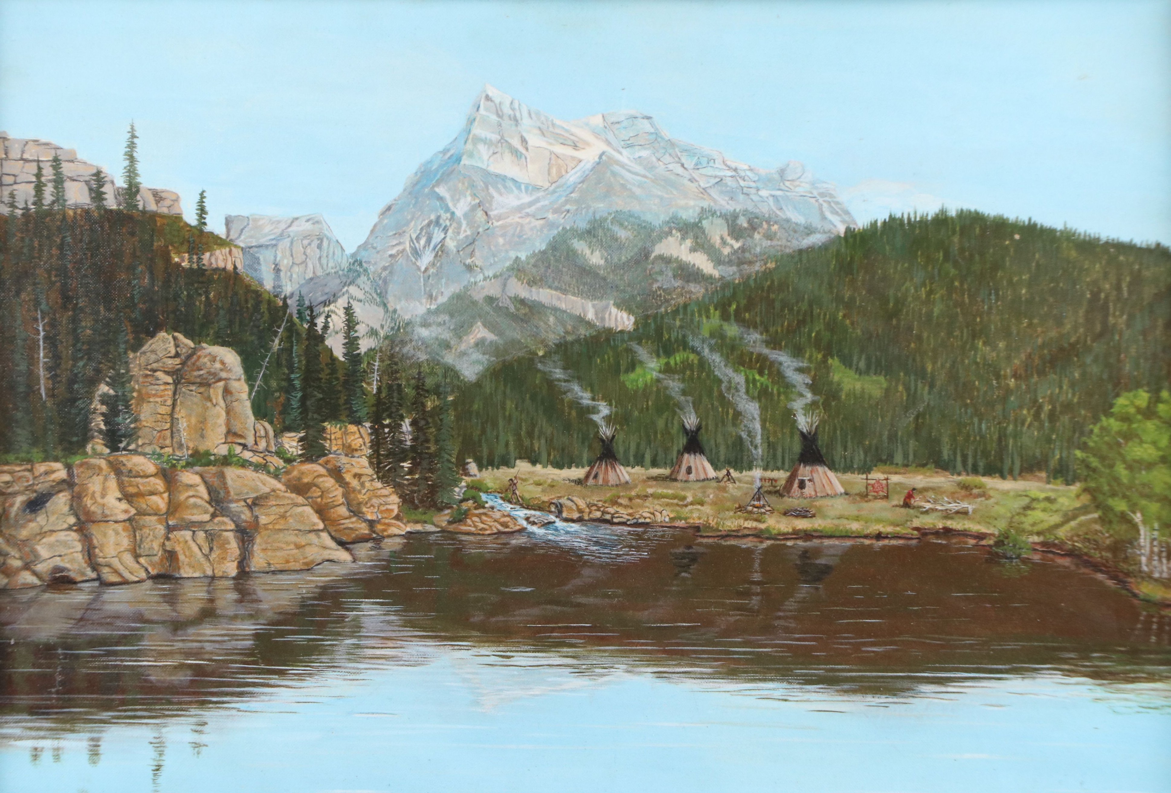 G. Butler Western Indigenous American Encampment Oil Painting, 1975