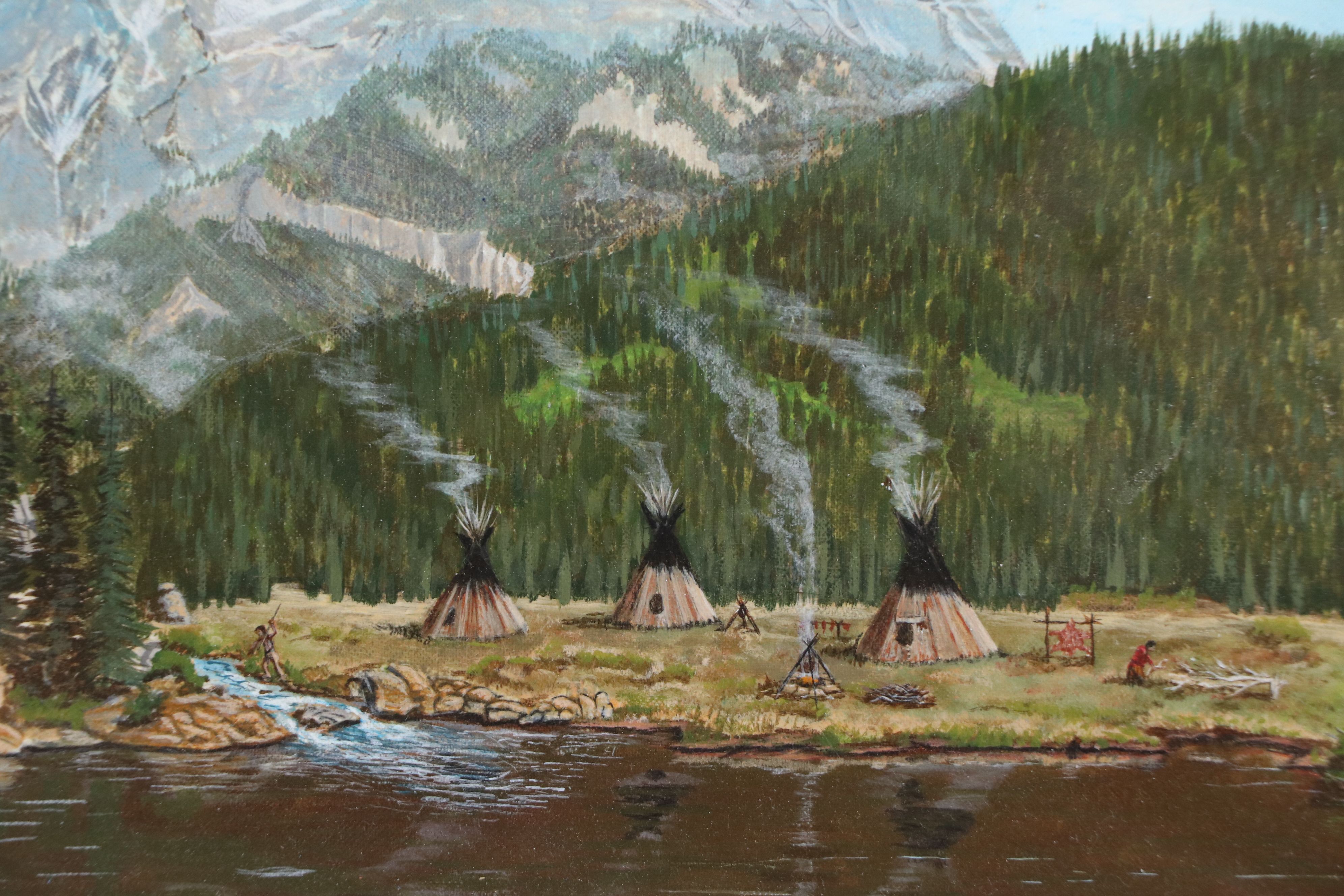 G. Butler Western Indigenous American Encampment Oil Painting, 1975