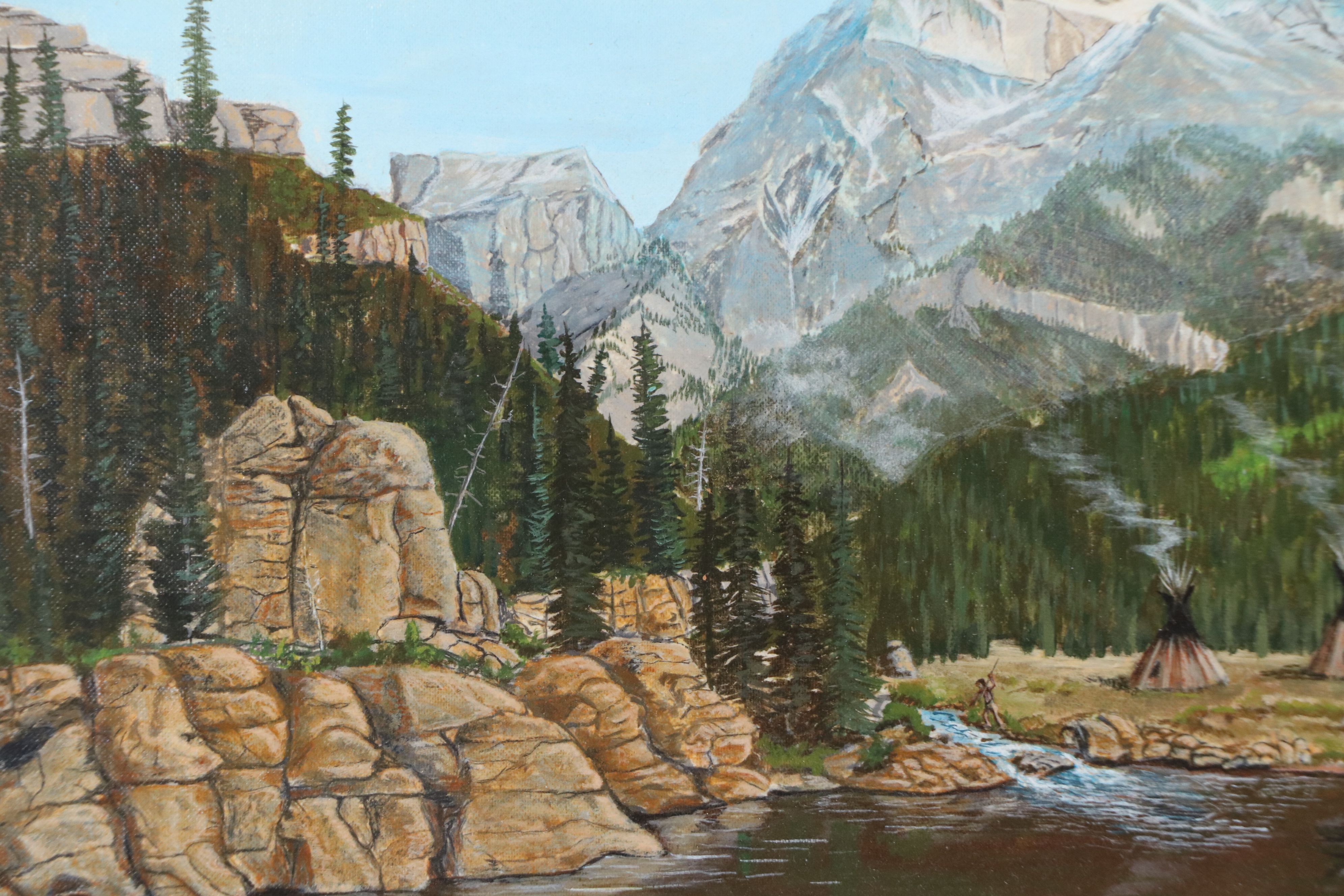 G. Butler Western Indigenous American Encampment Oil Painting, 1975