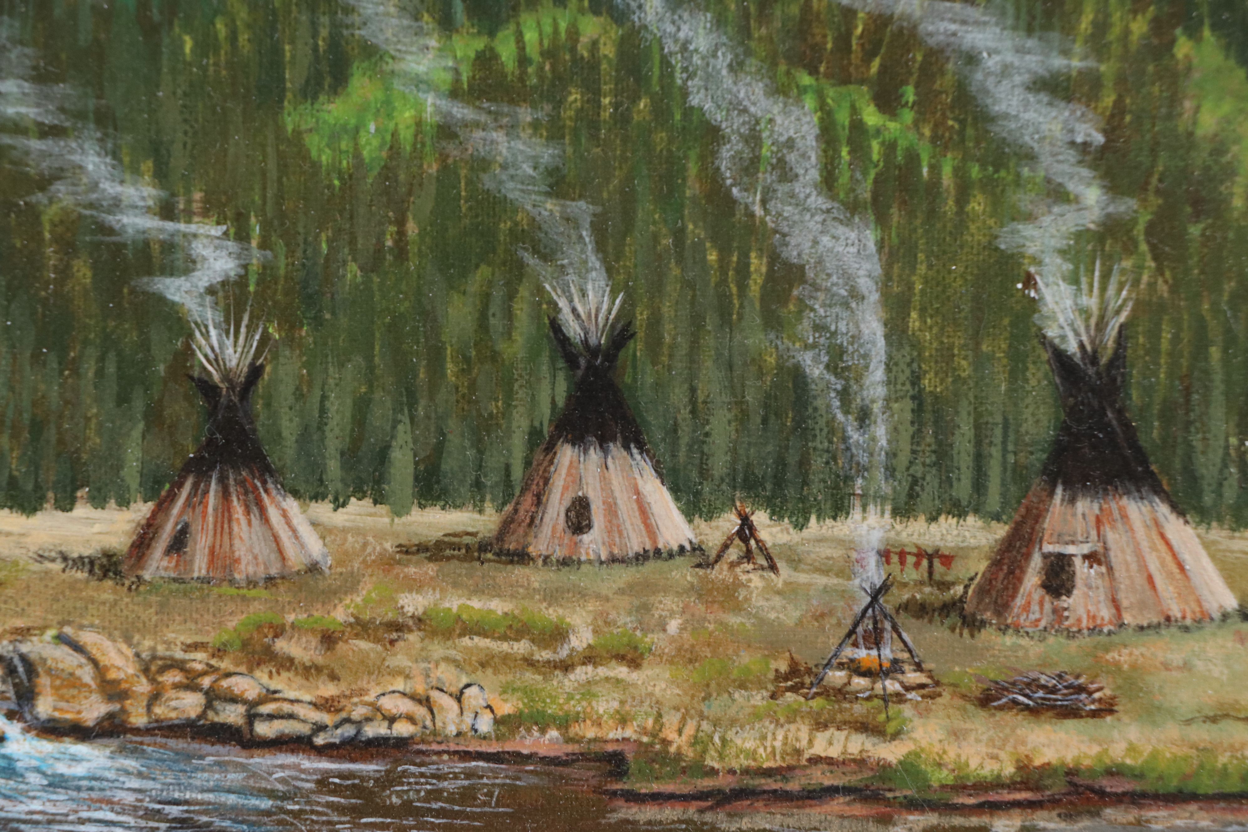 G. Butler Western Indigenous American Encampment Oil Painting, 1975