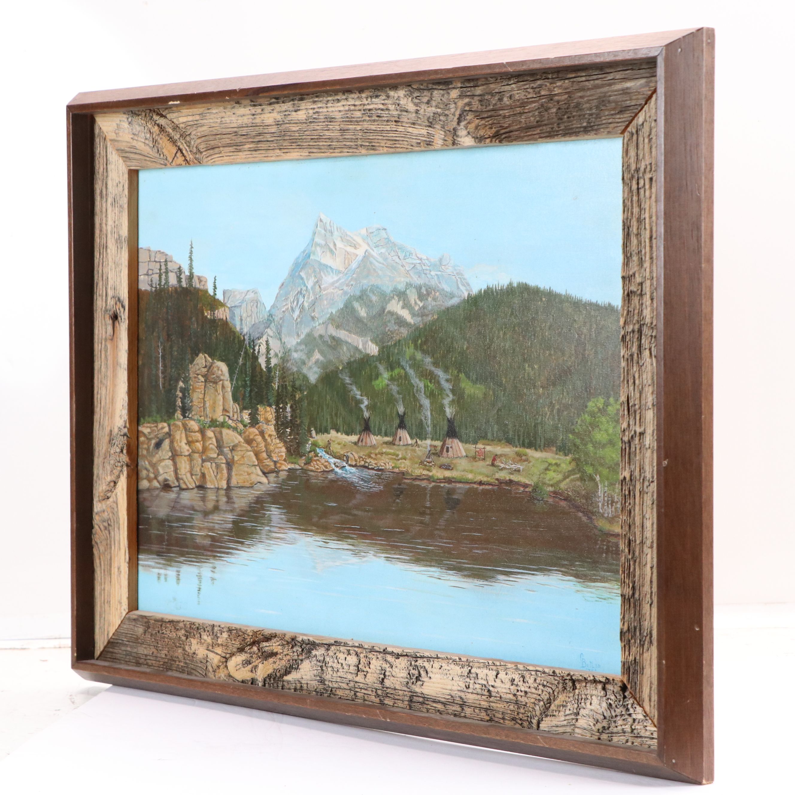 G. Butler Western Indigenous American Encampment Oil Painting, 1975