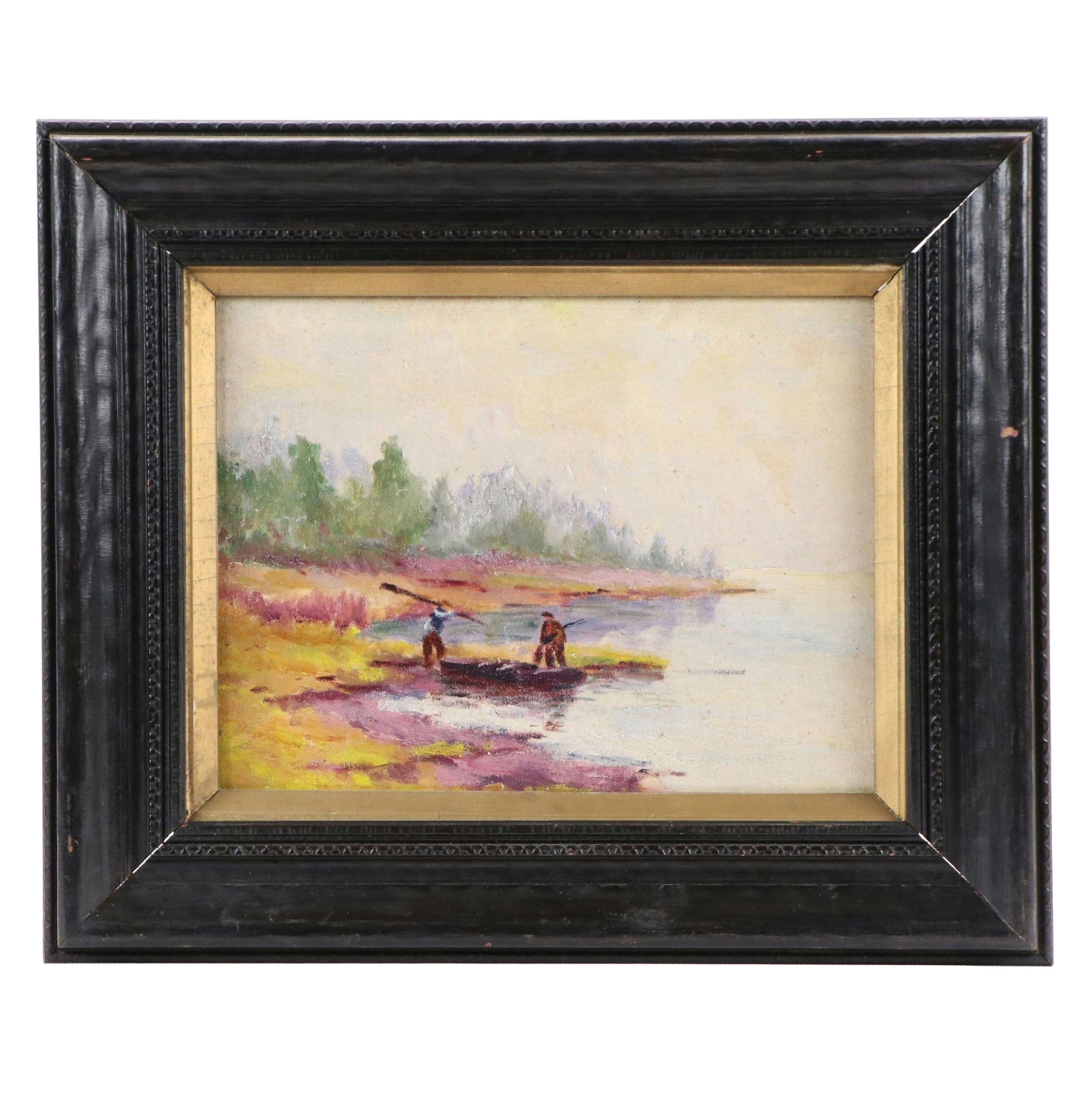 Oil Painting of Lake Landscape with Two Men and a Boat, Circa 1940