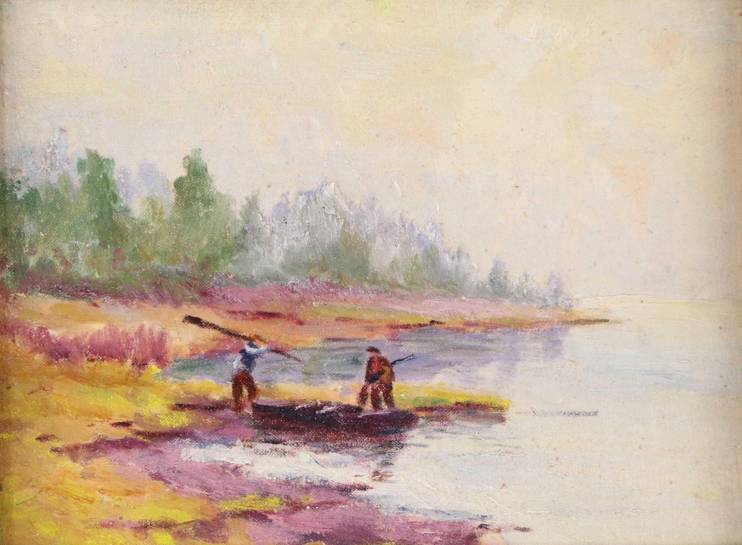 Oil Painting of Lake Landscape with Two Men and a Boat, Circa 1940