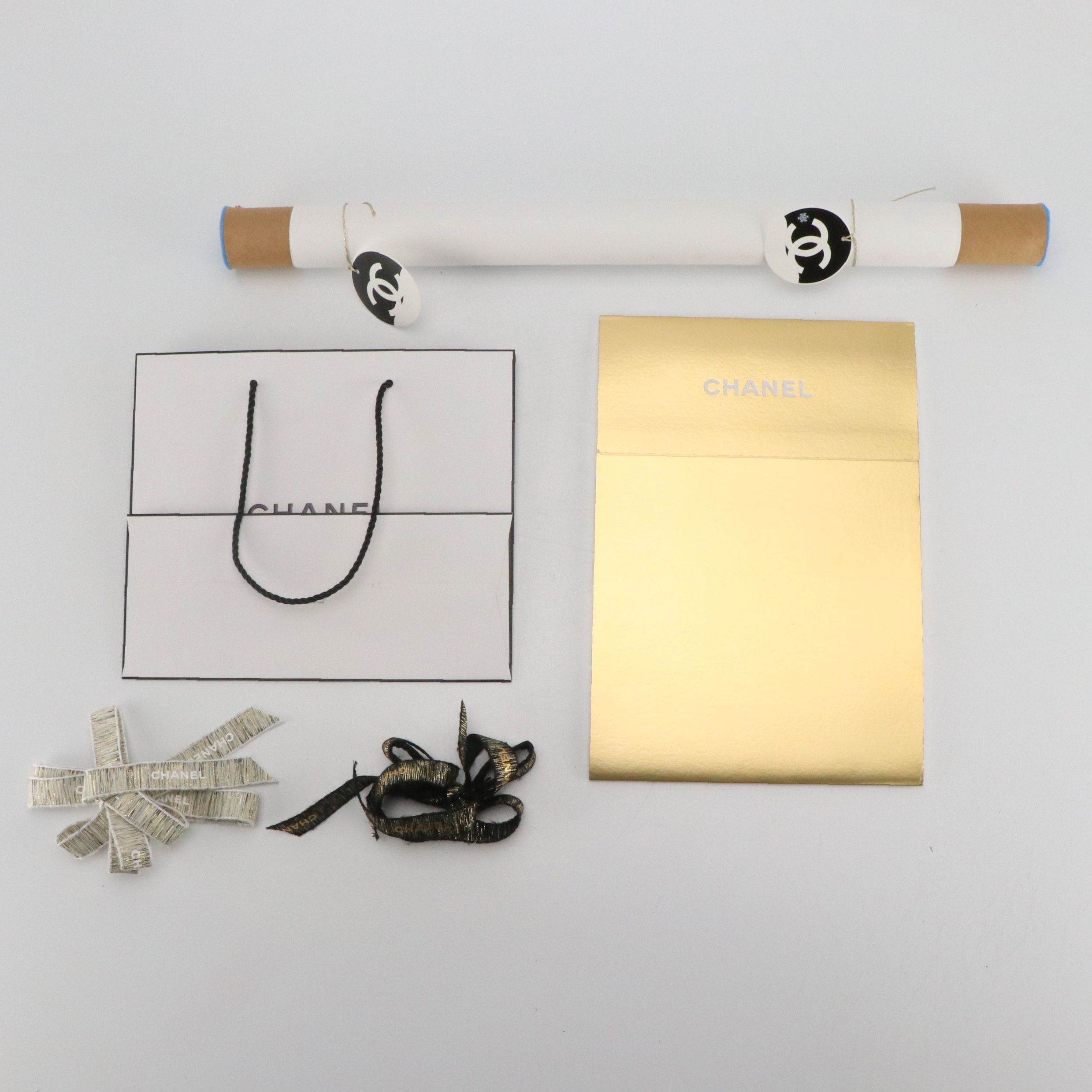 Chanel Logo Wrapping Paper, Gift Tags, Ribbons, Retail Bag, and Box Sleeve