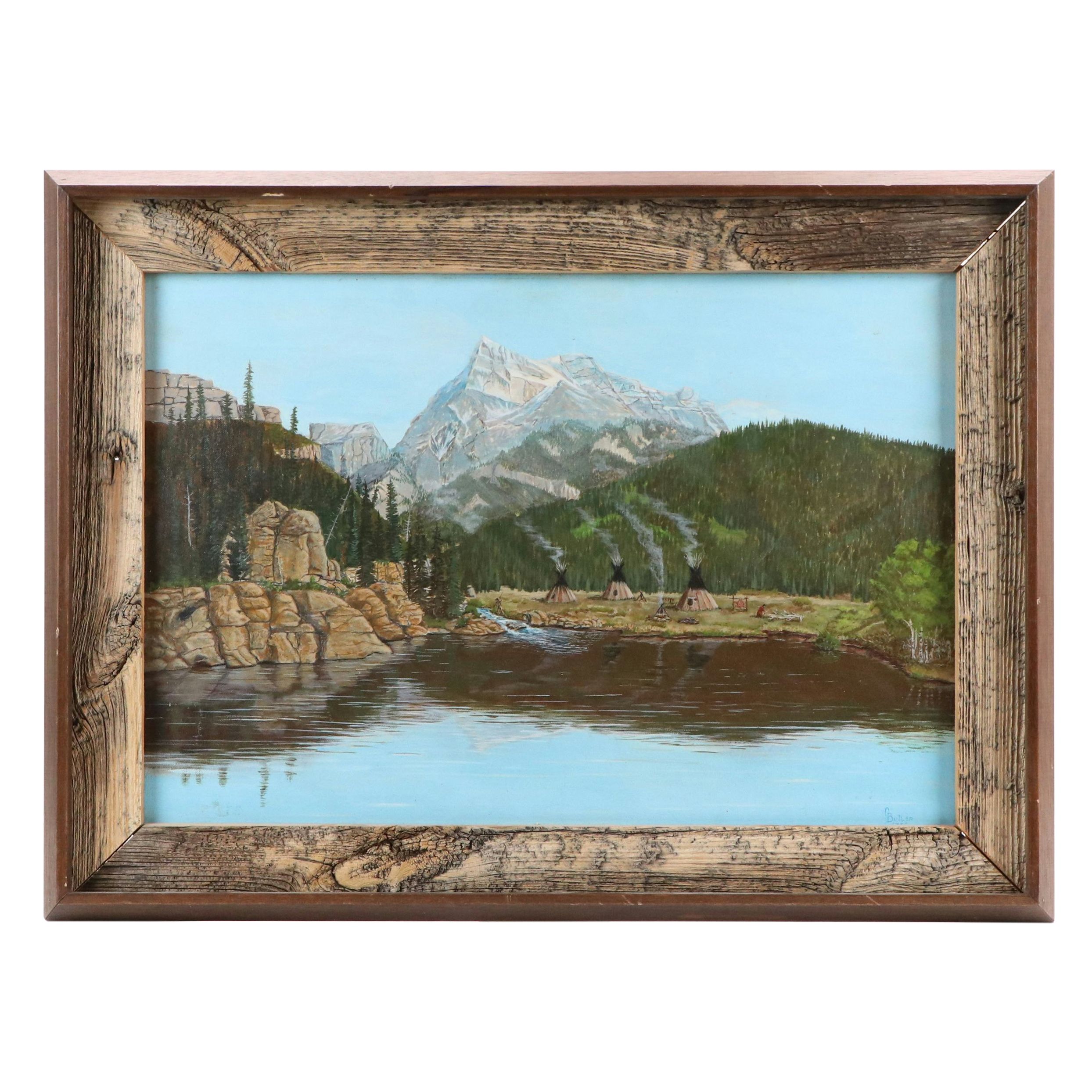 G. Butler Western Indigenous American Encampment Oil Painting, 1975