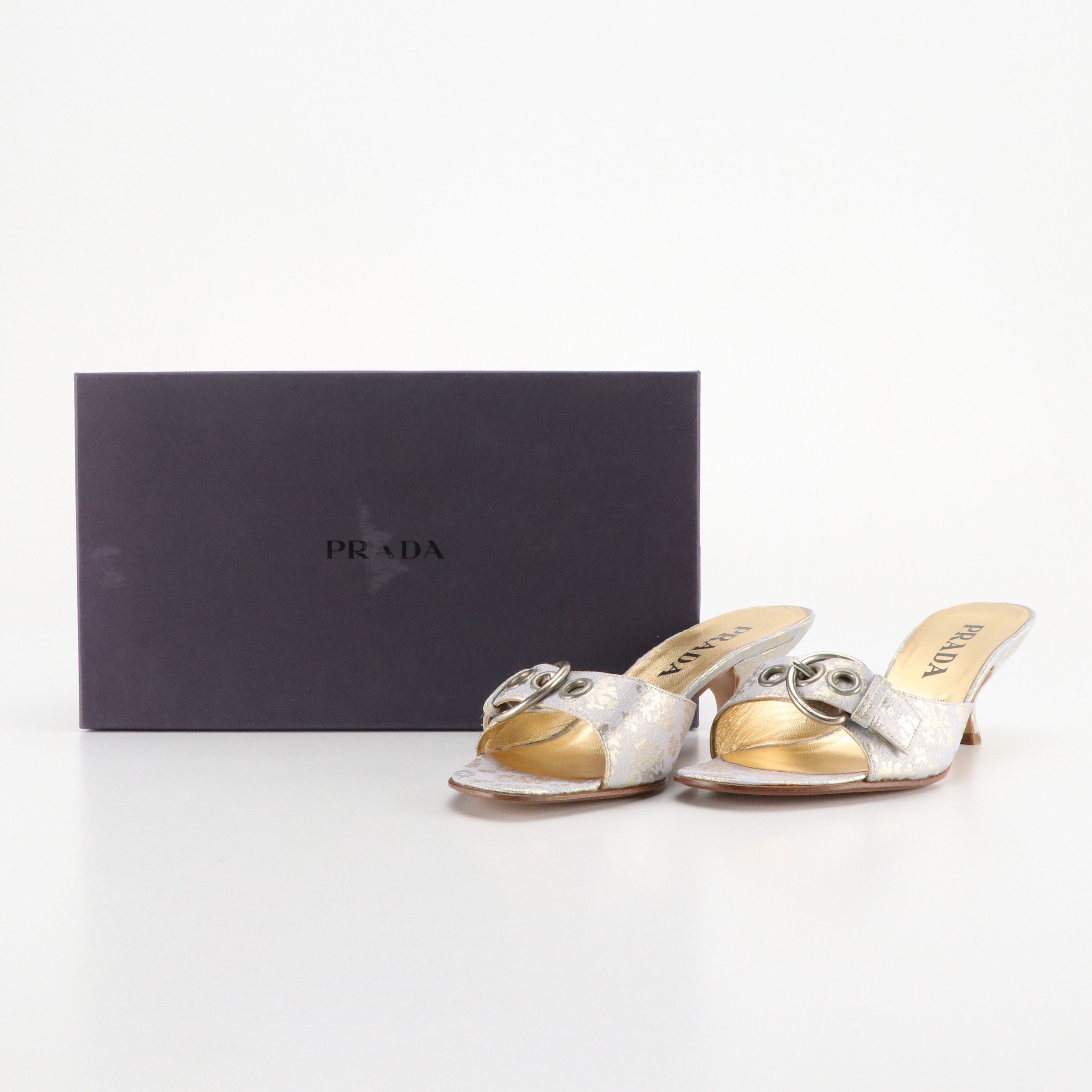 Prada Buckle Strap Sandals in Silver Metallic Brocade, With Box