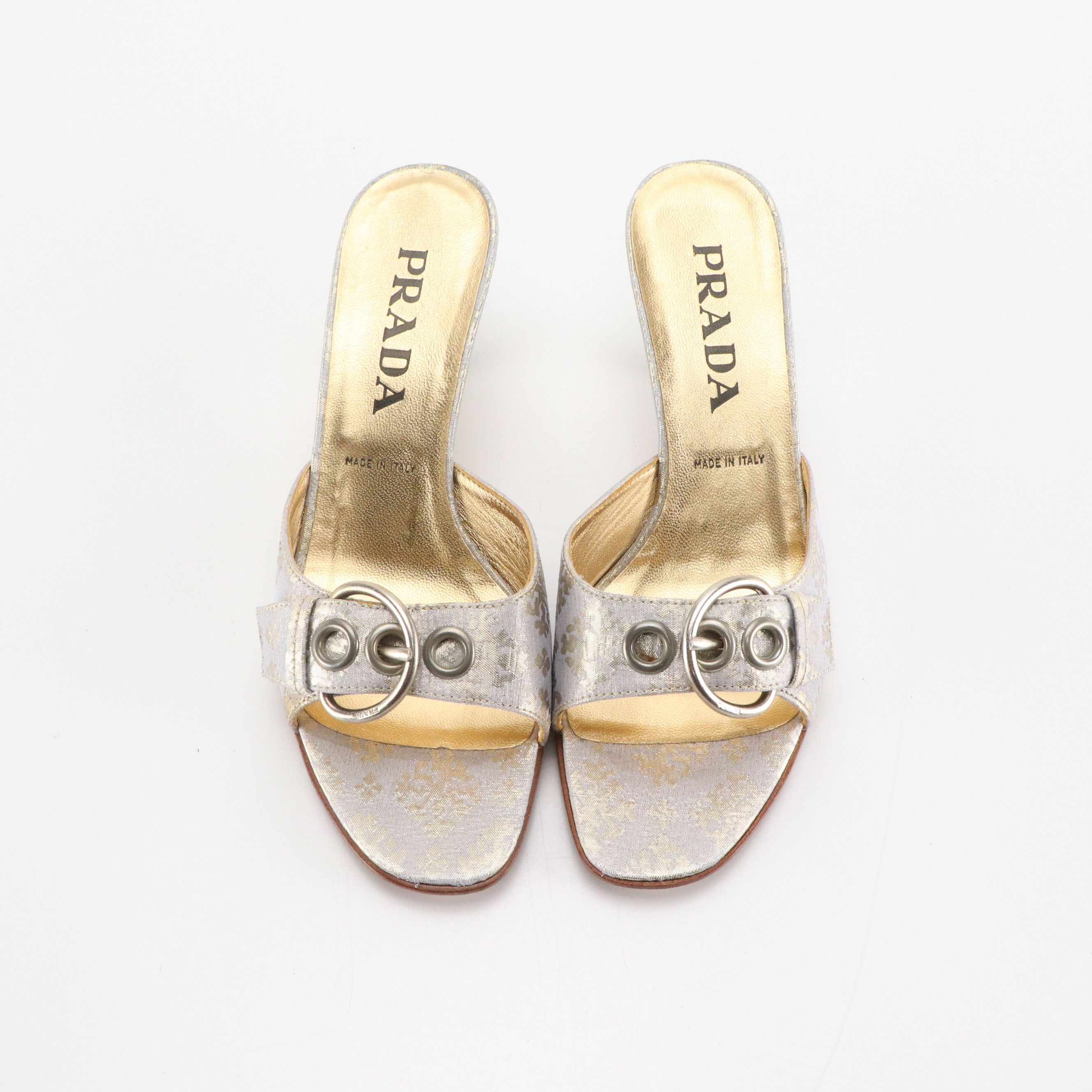 Prada Buckle Strap Sandals in Silver Metallic Brocade, With Box