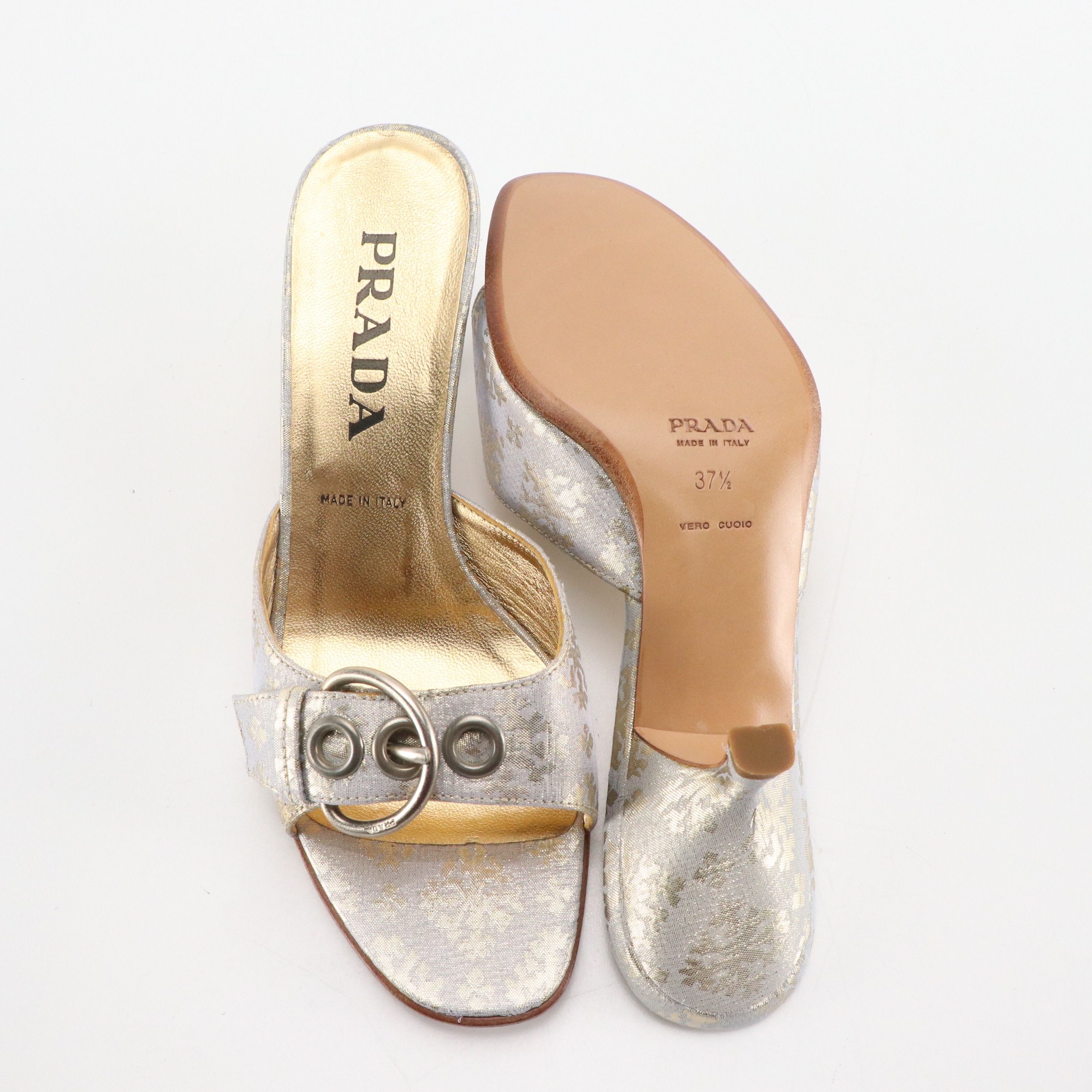 Prada Buckle Strap Sandals in Silver Metallic Brocade, With Box
