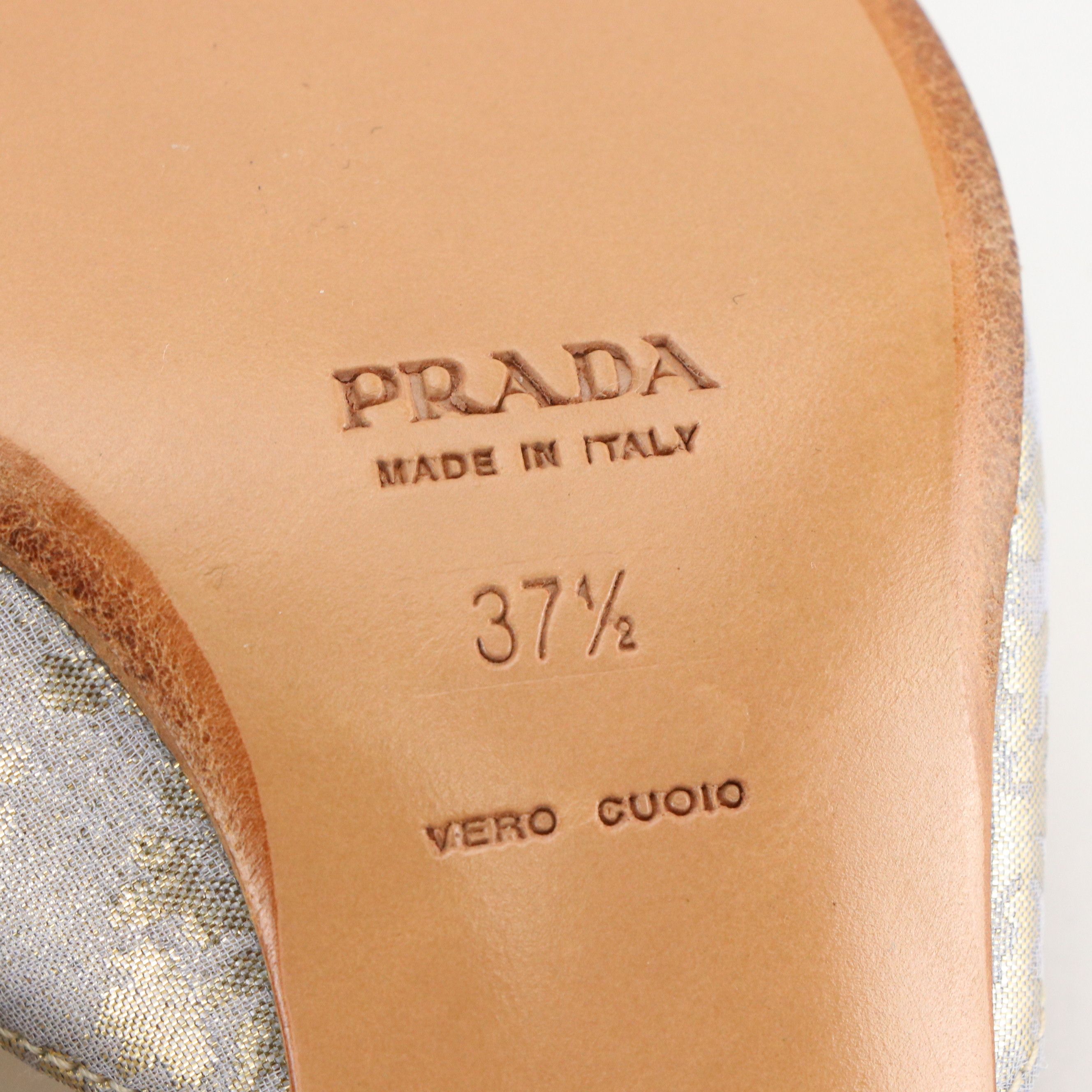Prada Buckle Strap Sandals in Silver Metallic Brocade, With Box