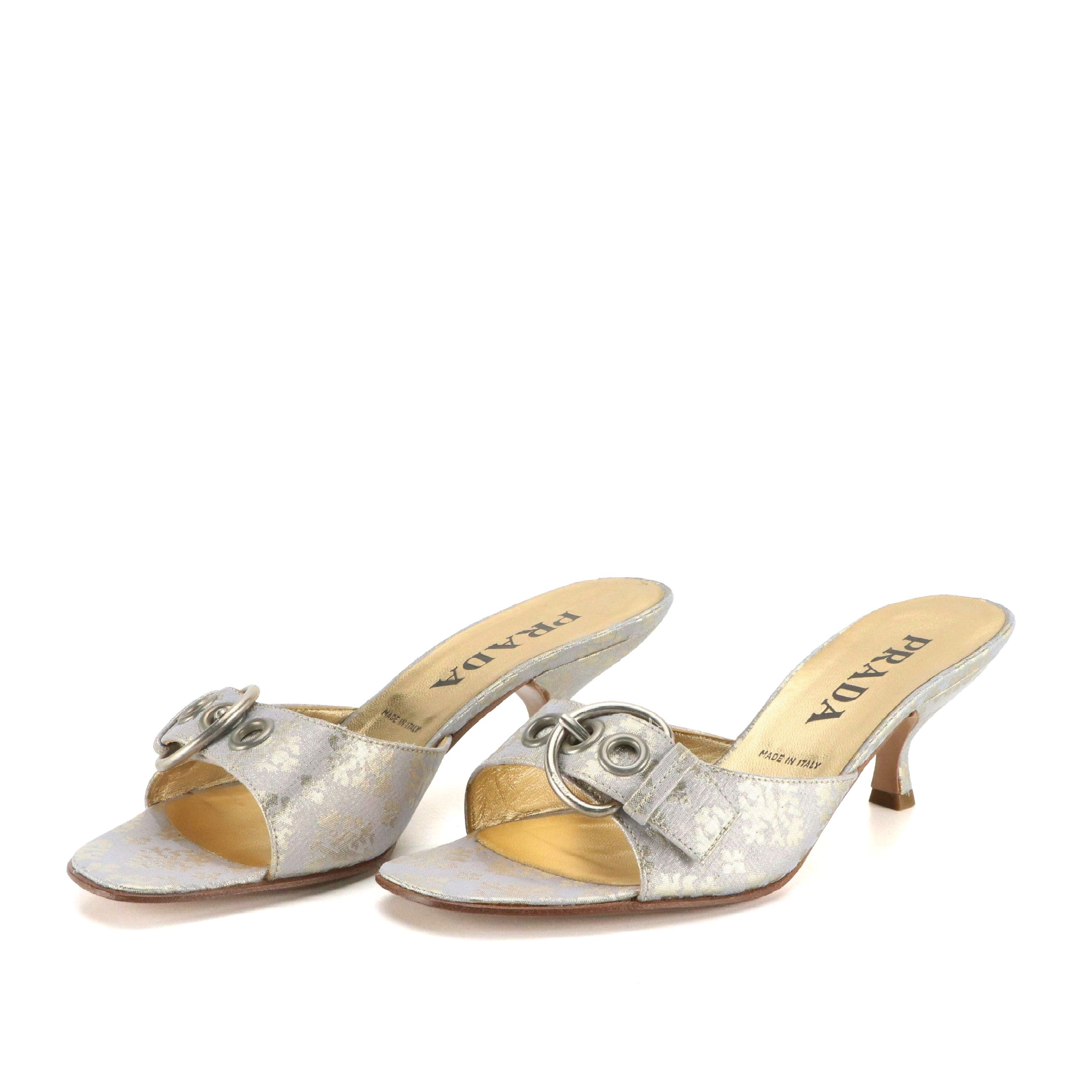 Prada Buckle Strap Sandals in Silver Metallic Brocade, With Box