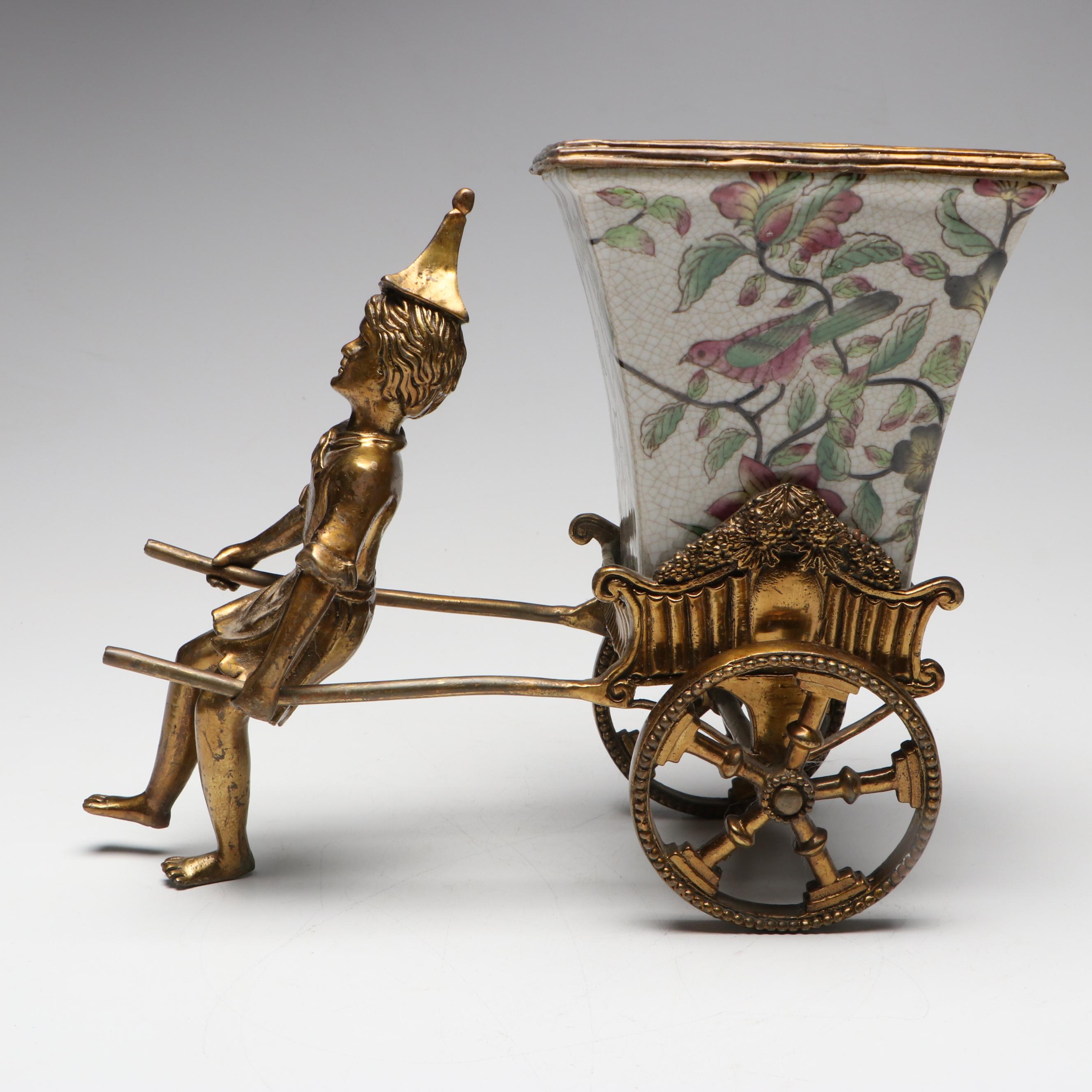 French Chinoiserie Style Bronzed Metal and Porcelain Rickshaw Driver Planter