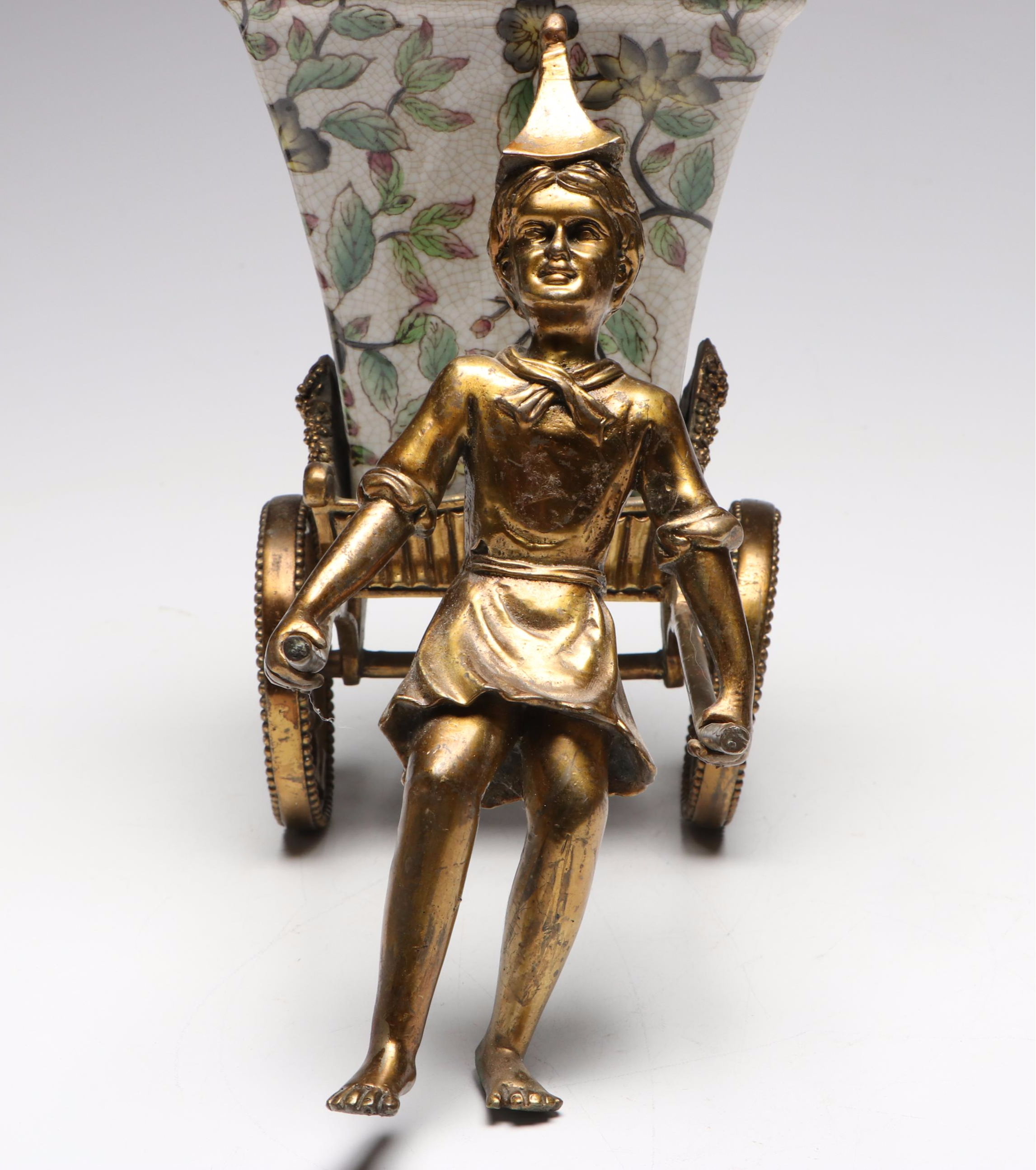 French Chinoiserie Style Bronzed Metal and Porcelain Rickshaw Driver Planter