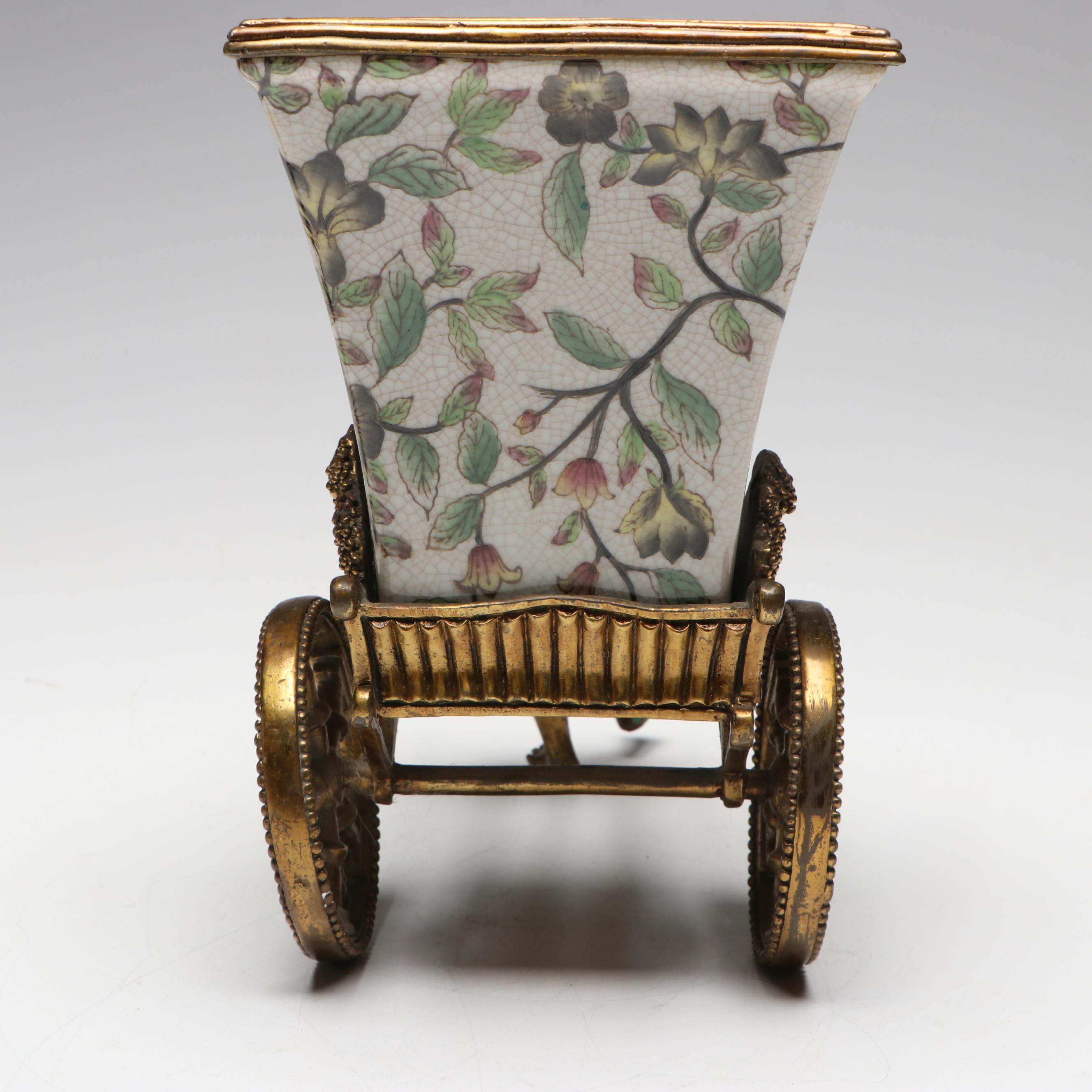 French Chinoiserie Style Bronzed Metal and Porcelain Rickshaw Driver Planter