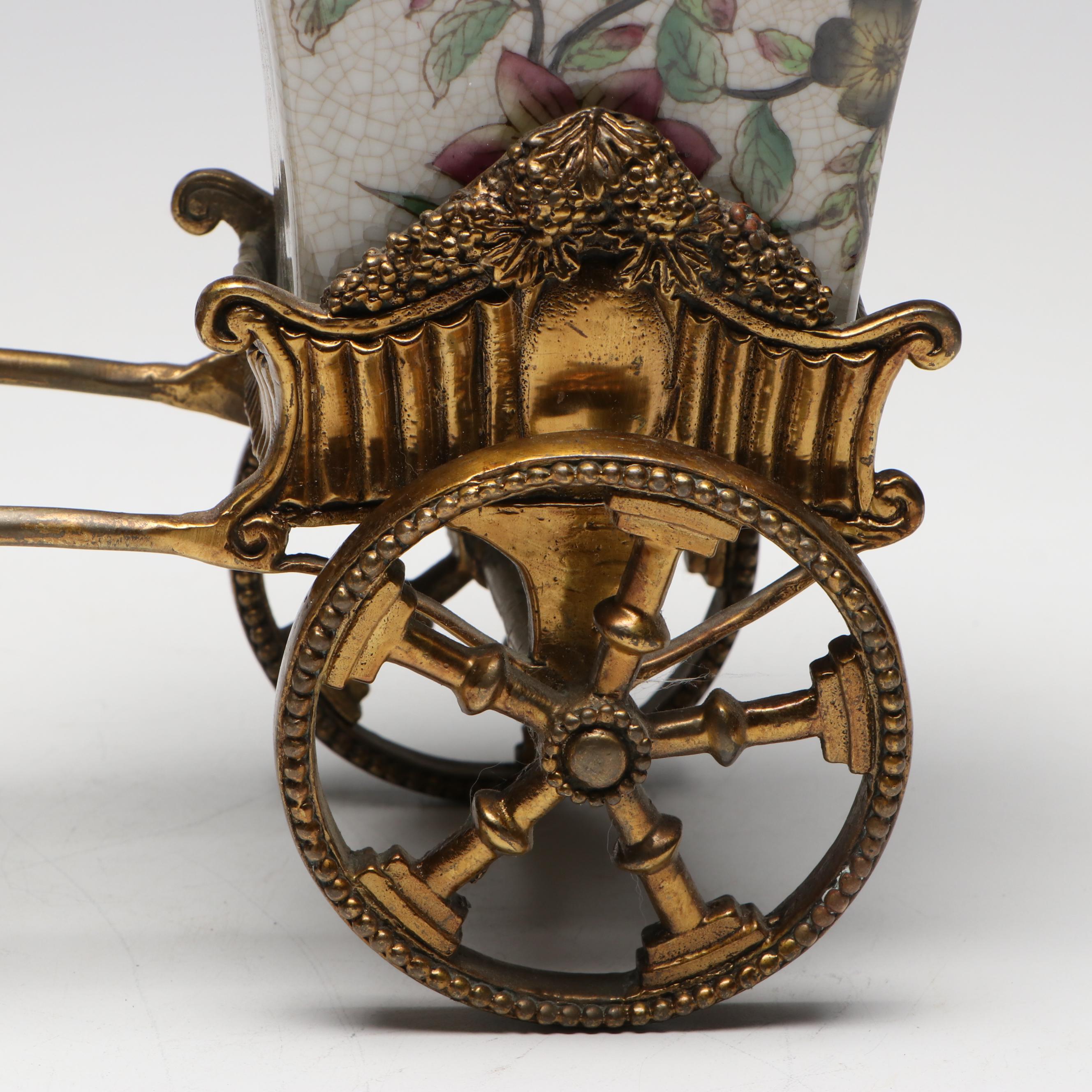French Chinoiserie Style Bronzed Metal and Porcelain Rickshaw Driver Planter