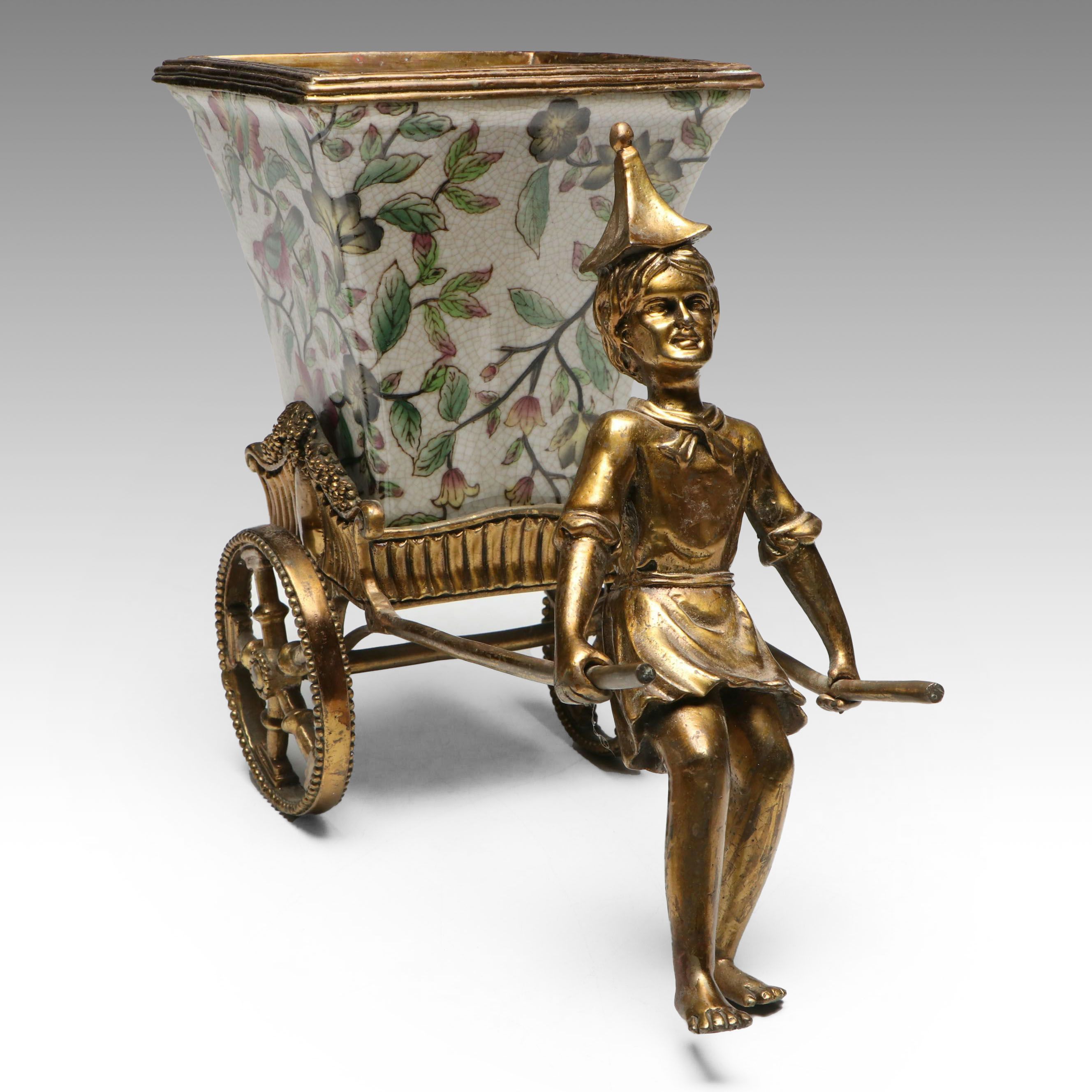 French Chinoiserie Style Bronzed Metal and Porcelain Rickshaw Driver Planter