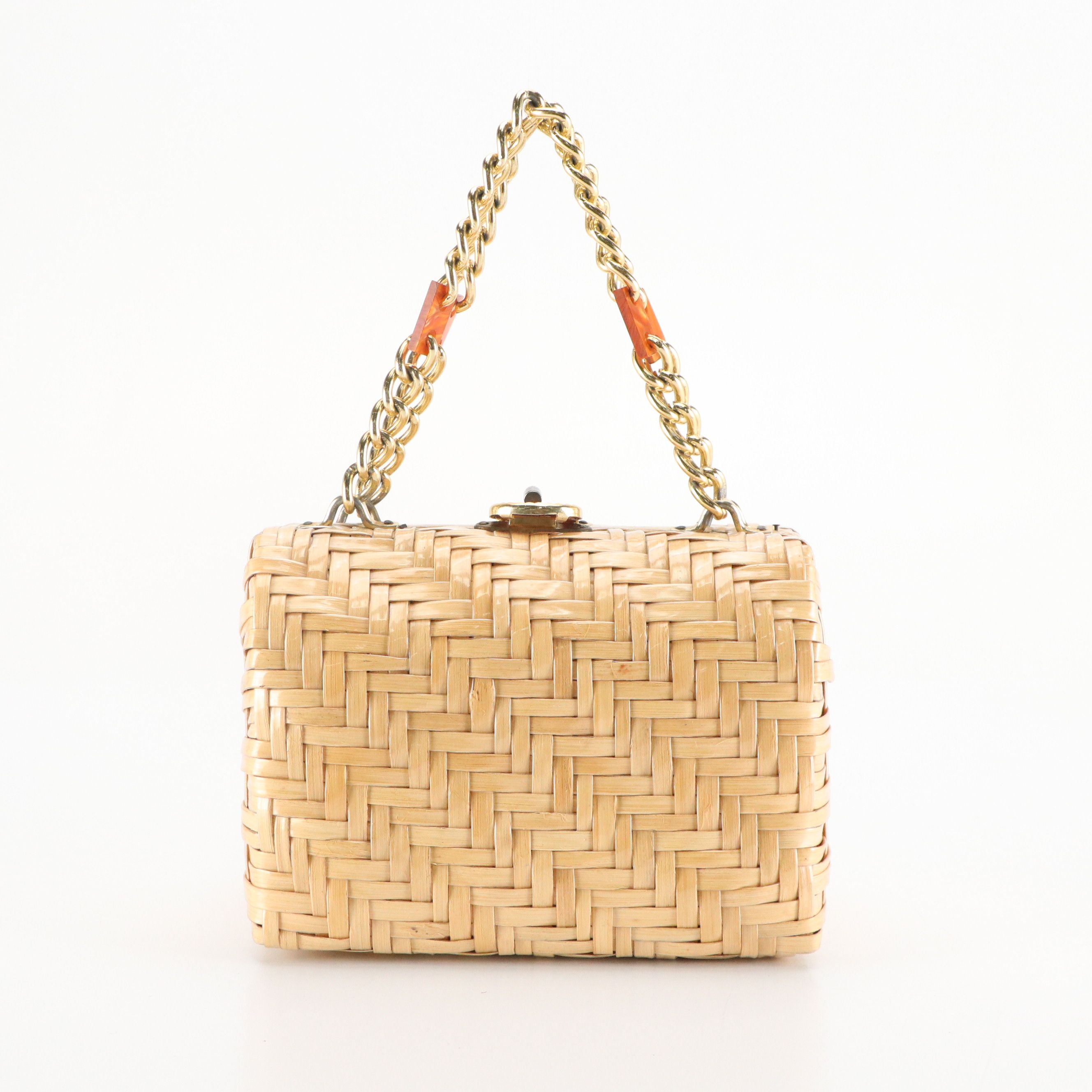 Coated Natural Fiber Woven Handbag, Mid-20th Century