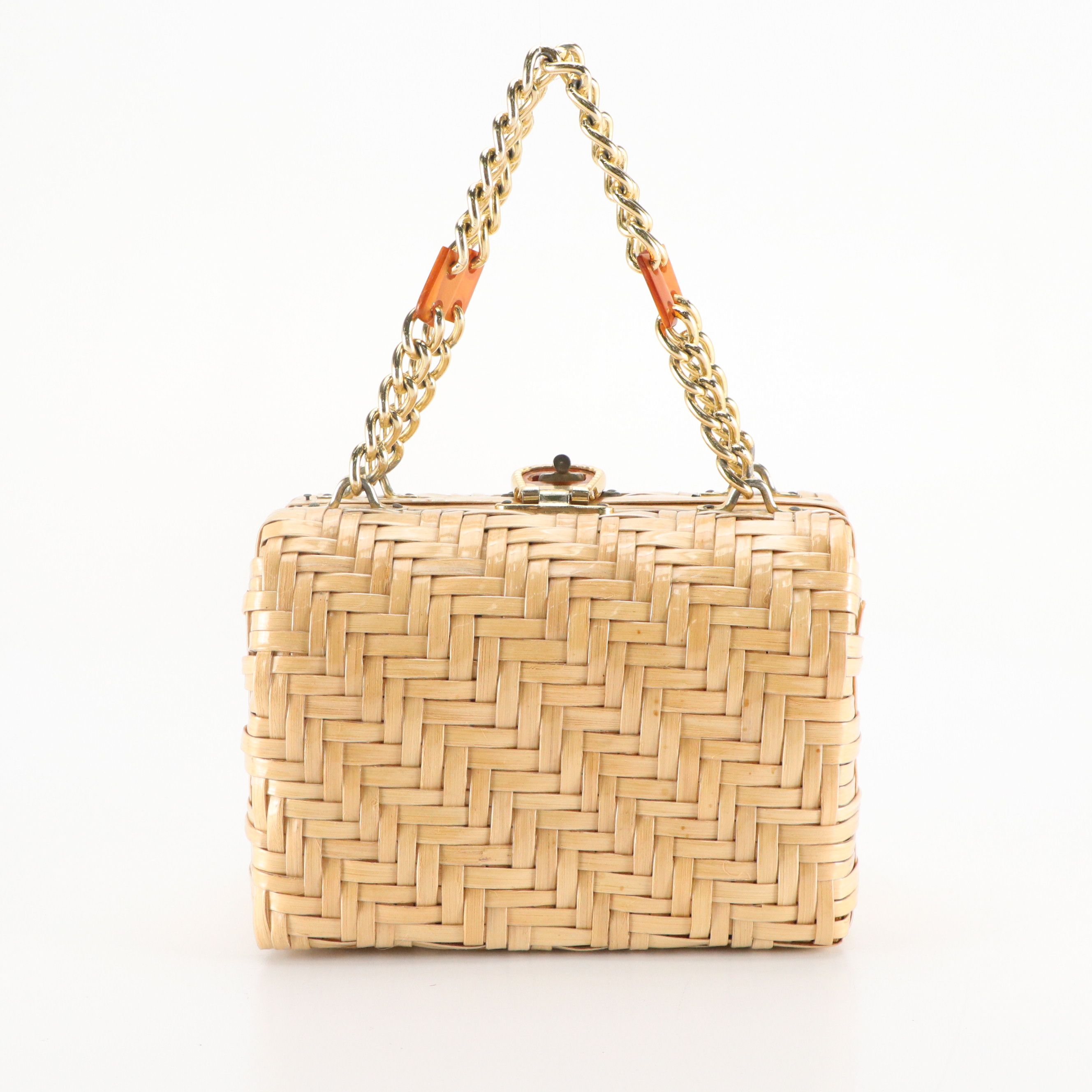 Coated Natural Fiber Woven Handbag, Mid-20th Century