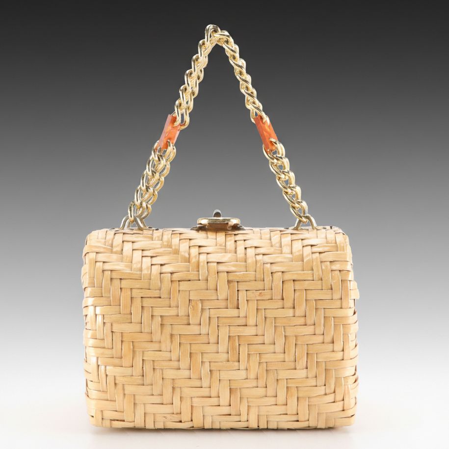 Coated Natural Fiber Woven Handbag, Mid-20th Century