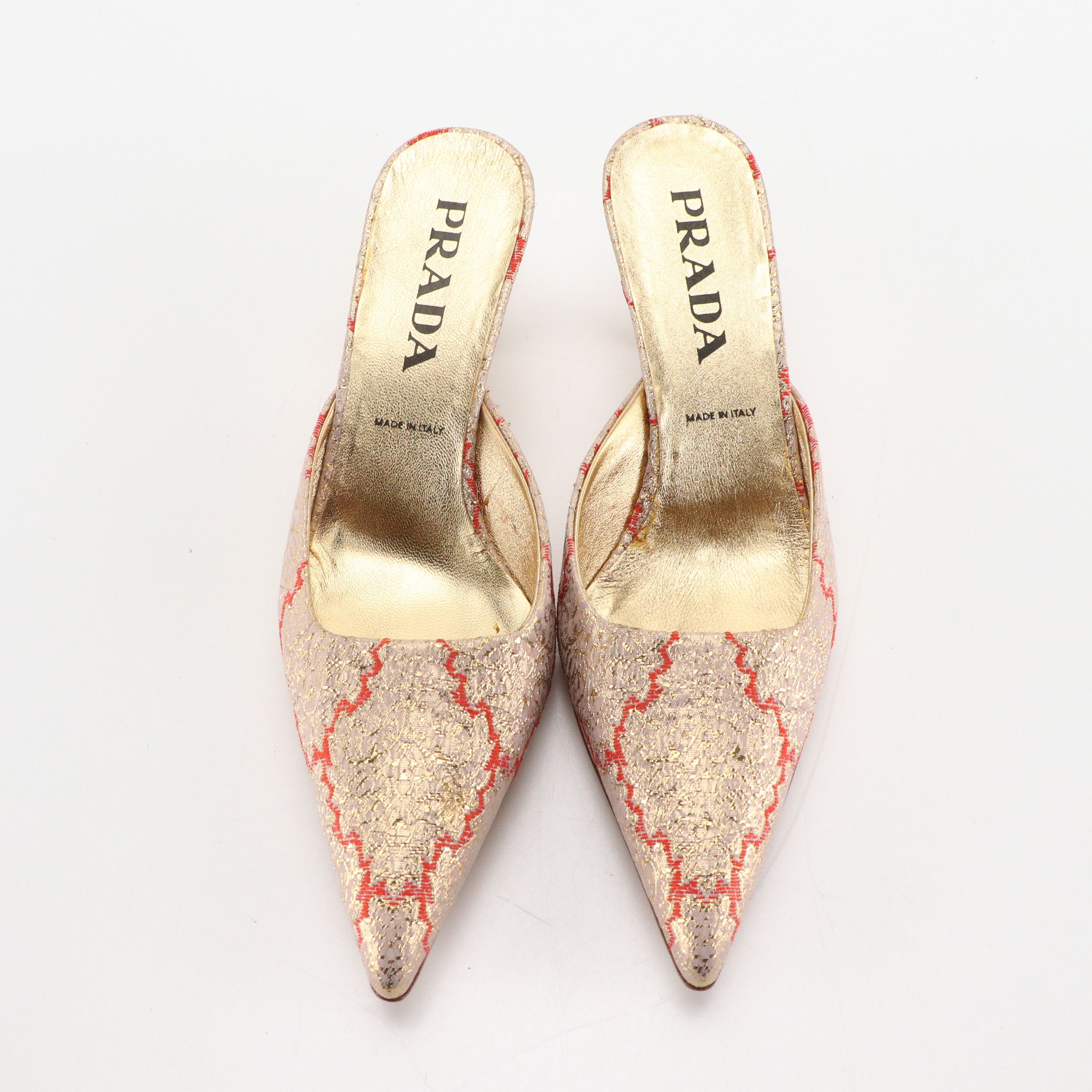 Prada Red and Gold Silk Brocade Pointed-Toe Mules with Box