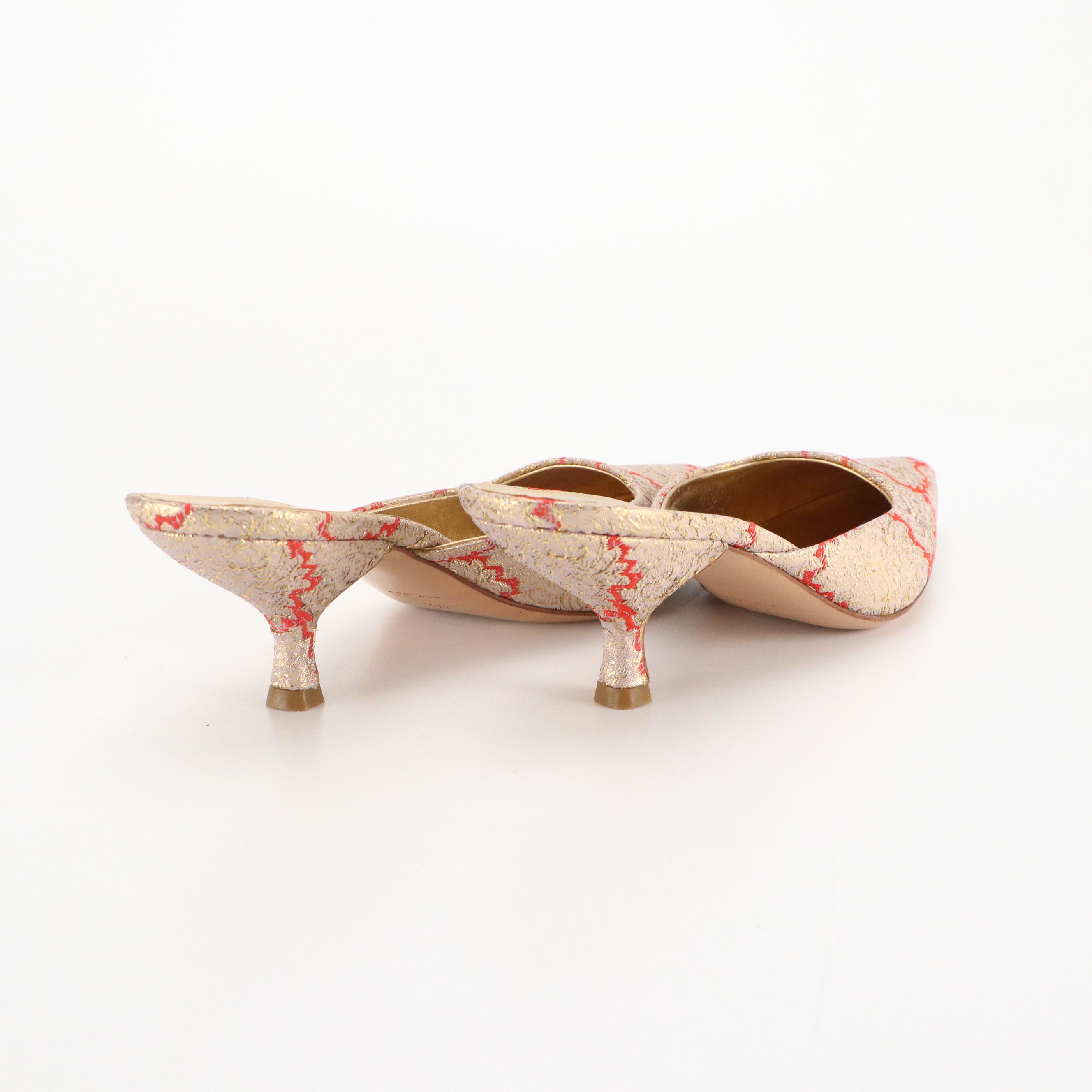 Prada Red and Gold Silk Brocade Pointed-Toe Mules with Box