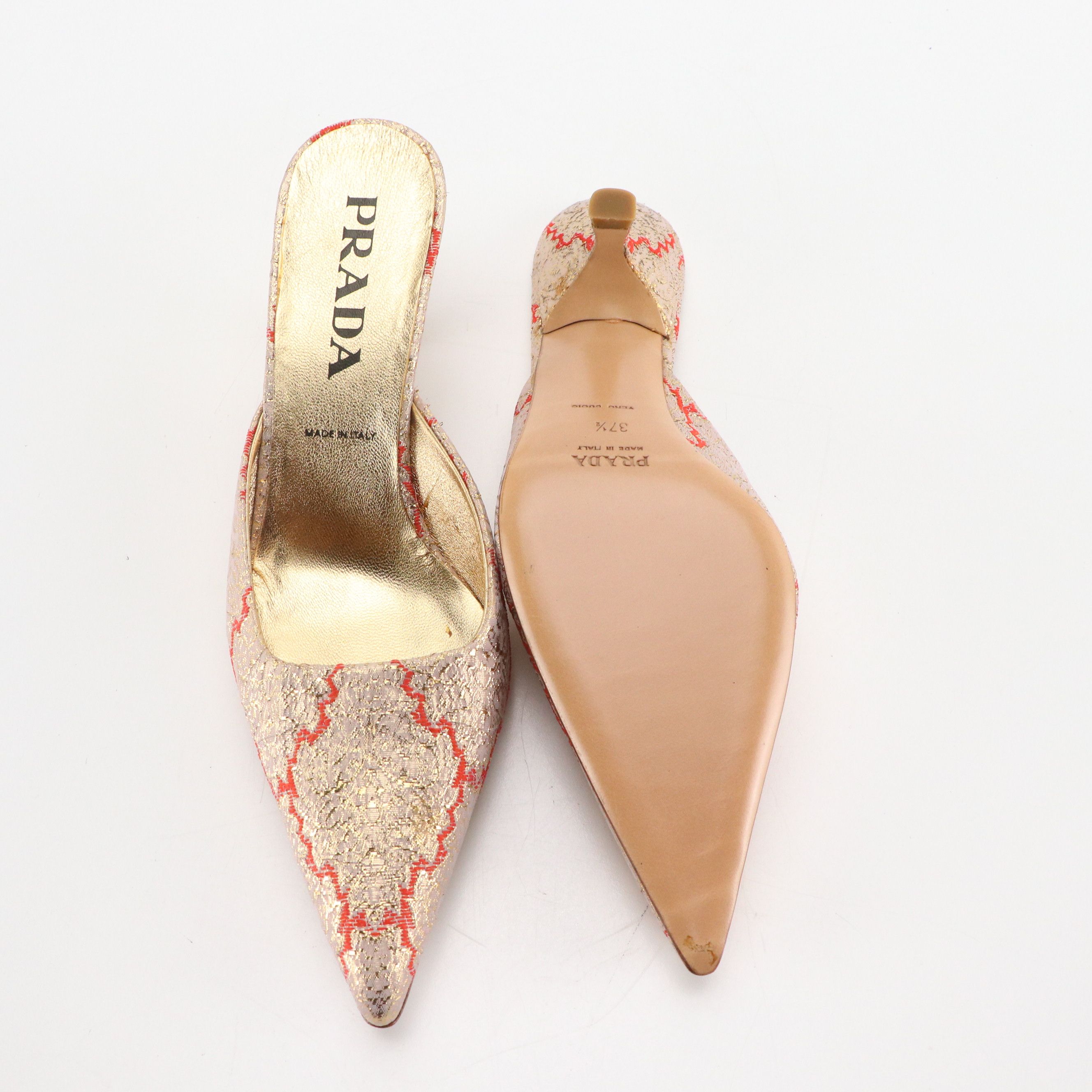 Prada Red and Gold Silk Brocade Pointed-Toe Mules with Box