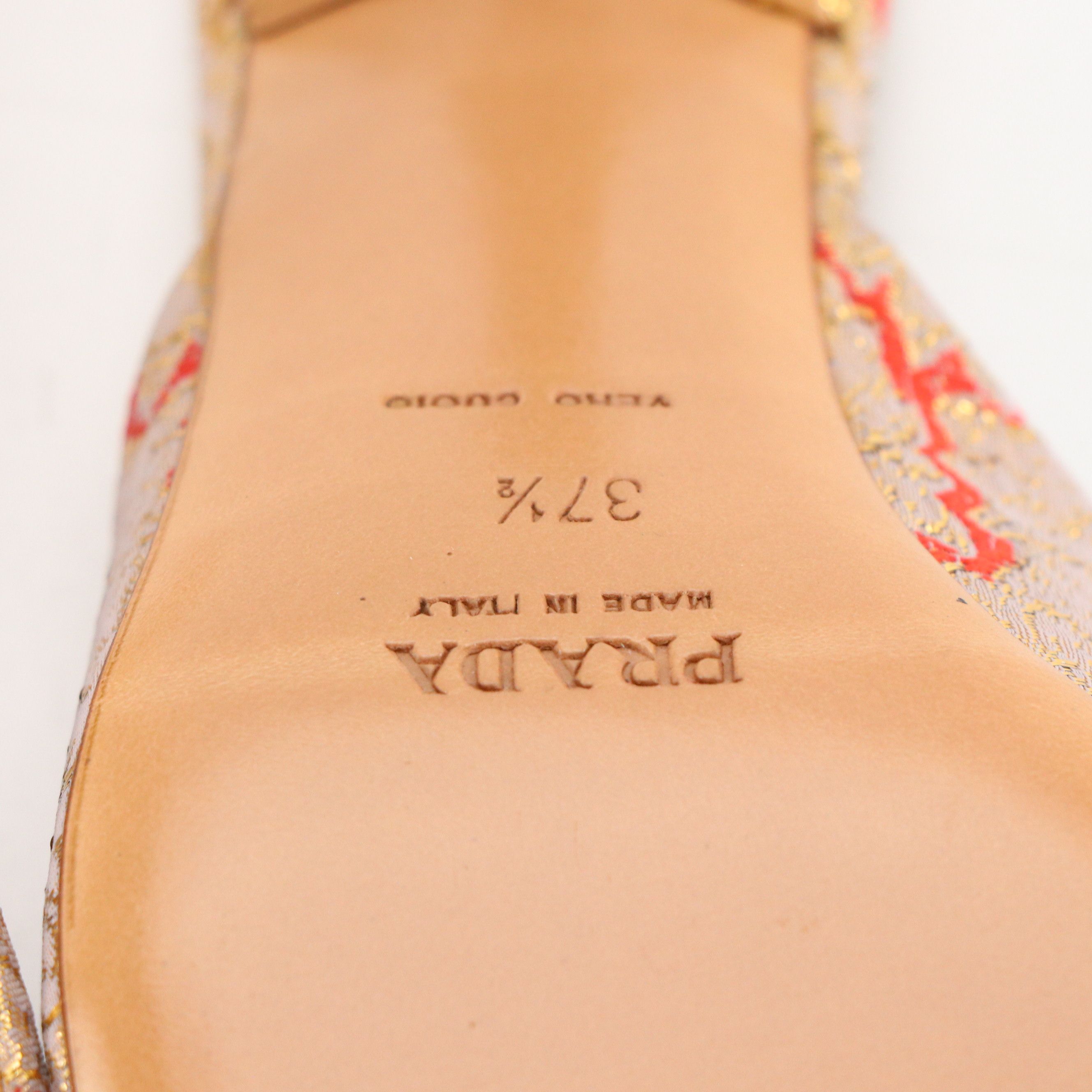 Prada Red and Gold Silk Brocade Pointed-Toe Mules with Box