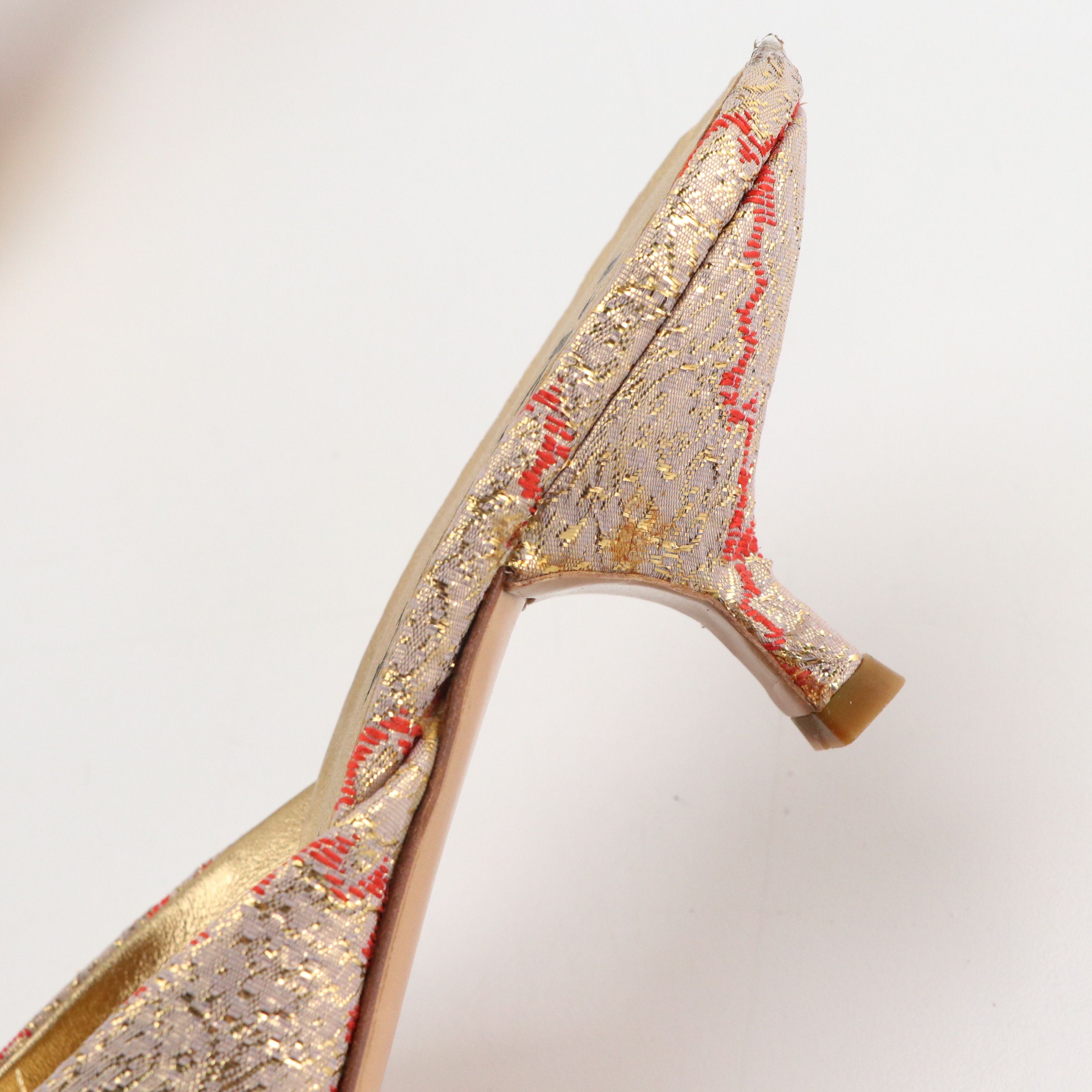 Prada Red and Gold Silk Brocade Pointed-Toe Mules with Box