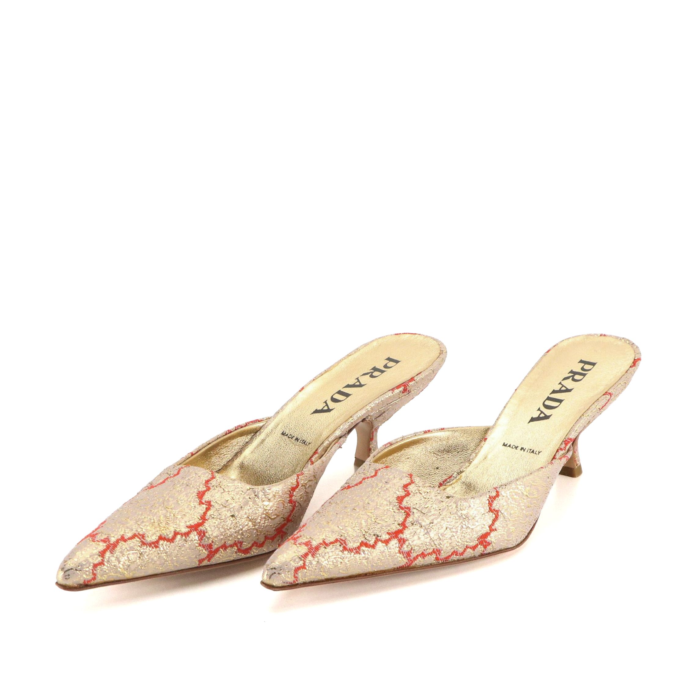Prada Red and Gold Silk Brocade Pointed-Toe Mules with Box