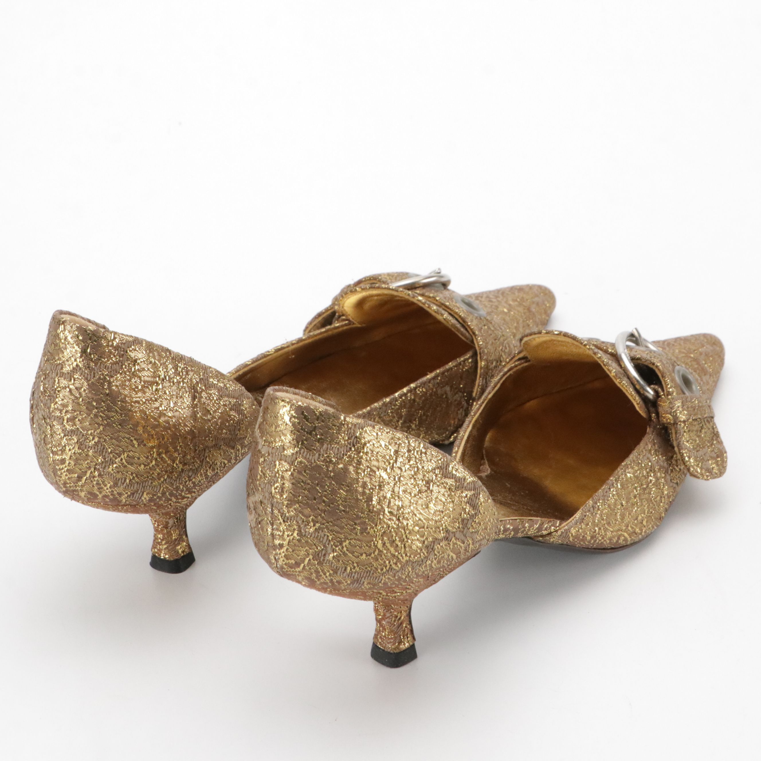 Prada D'Orsay Buckle Kitten Heels in Gold Metallic Brocade With Box